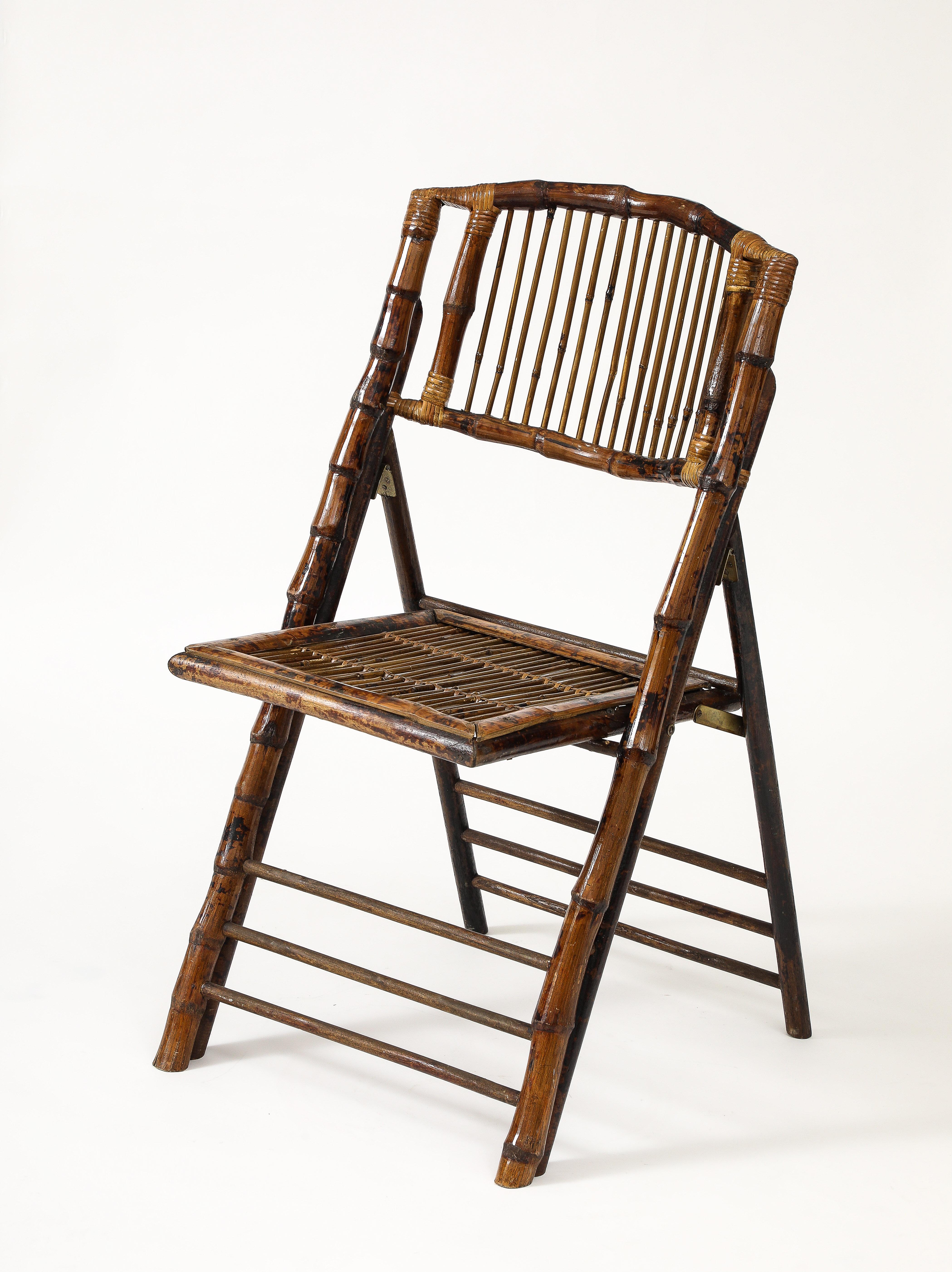 Campaign Set of 6 Italian Bamboo Folding Chairs, Tito Agnoli Style For Sale