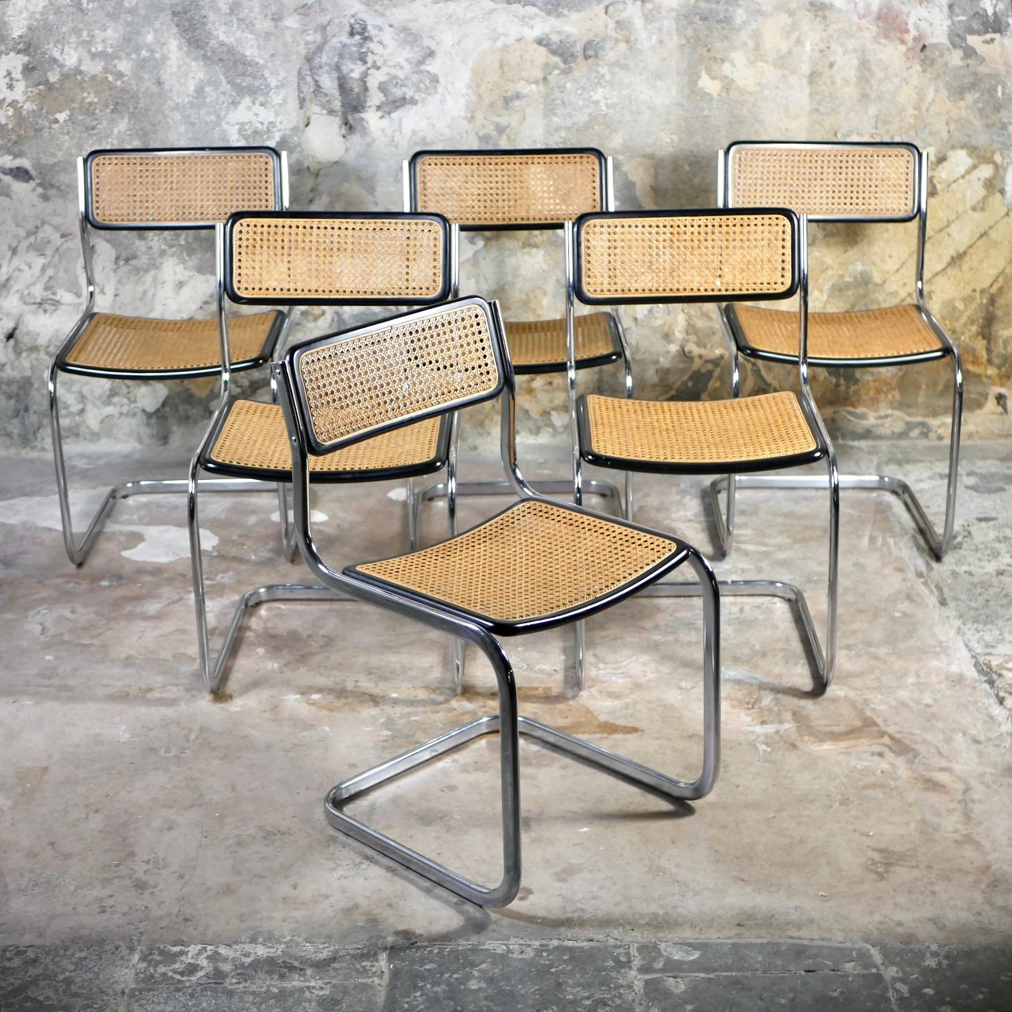 Set of 6 cane chairs from the 1970s in the style of Marcel Breuer's Cesca, made by Arrben in Italy. 
Some chairs are stamped 