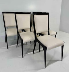 Set of 6 Italian Chairs, 1950s, Black Lacquered and Cream Velvet, attr. V. Dassi