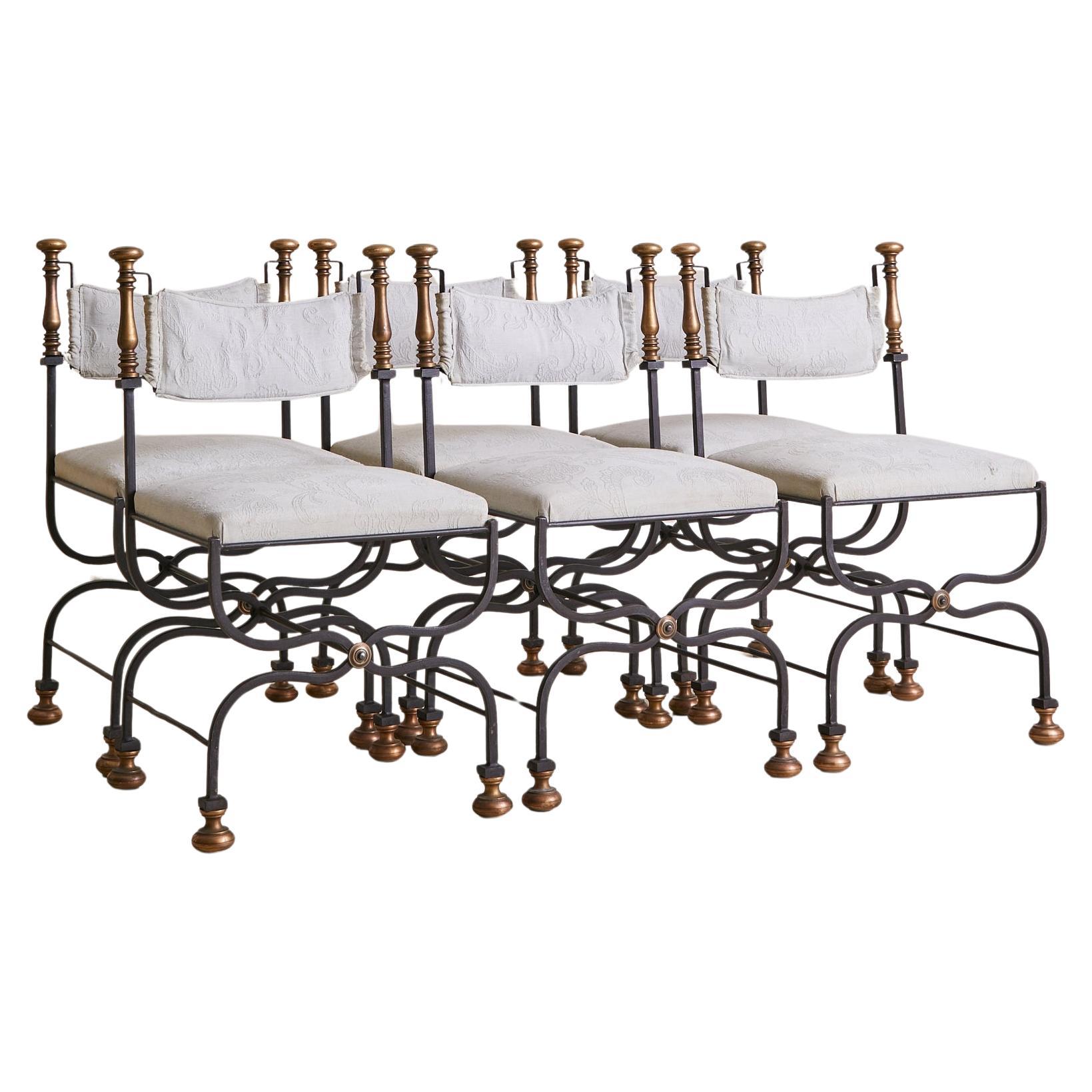 Set of 6 Italian Curule Dining Chairs in Iron + Gilded Bronze, 1960s For Sale