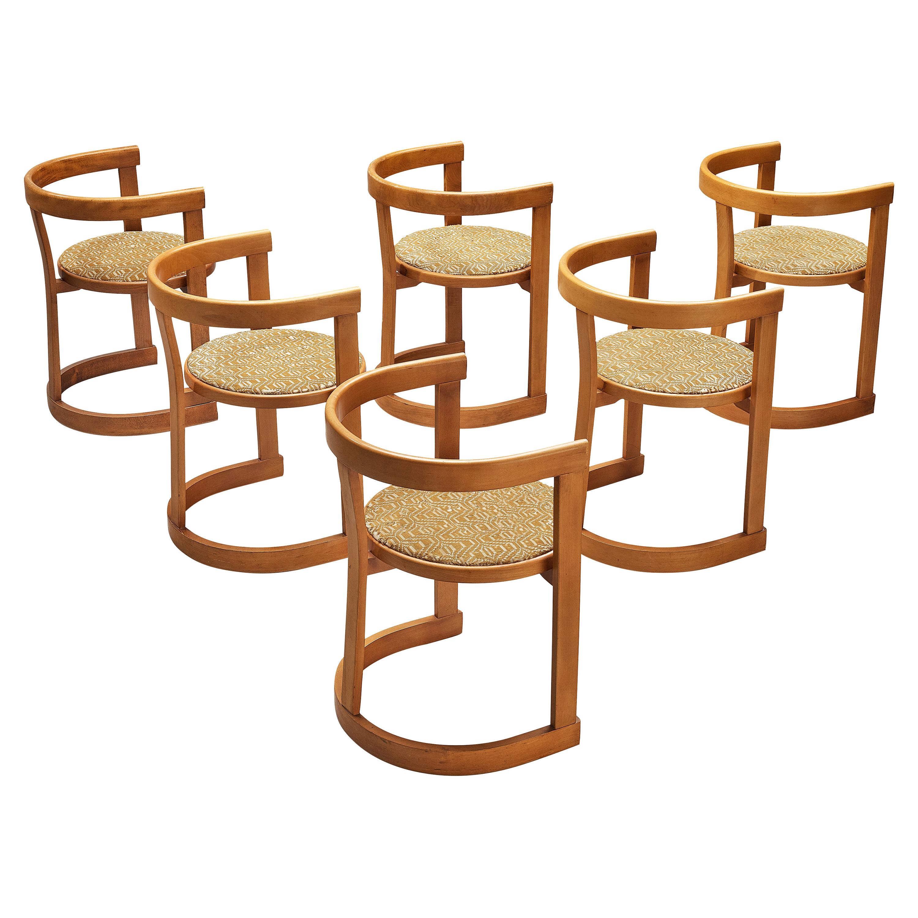 Italian Set of Six Dining Chairs in Beech and Beige Patterned Upholstery