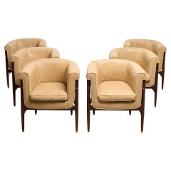 Set of 6 Italian dining cream leather and brown wood easychairs