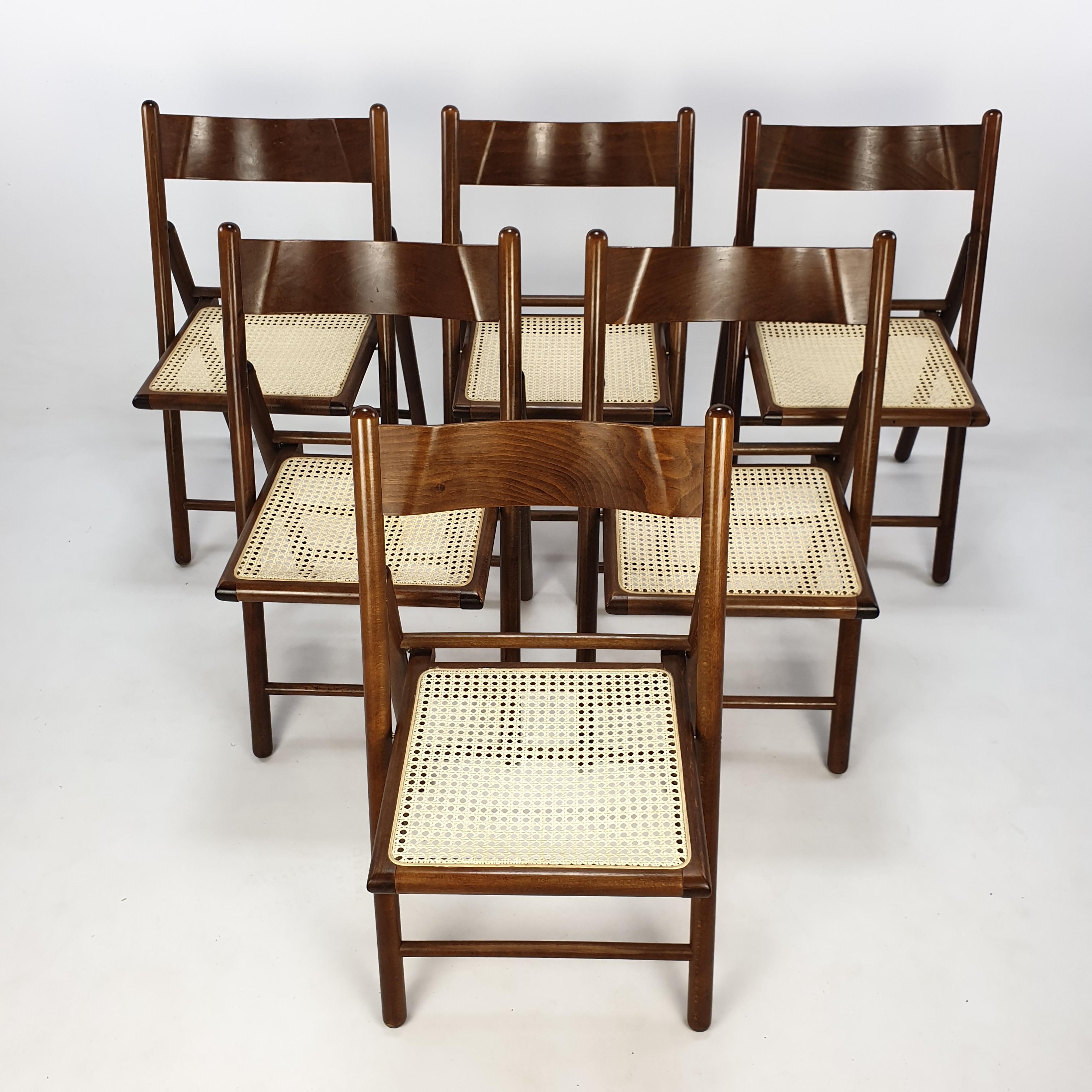 Mid-Century Modern Set of 6 Italian Folding Chairs with Rattan, 1980's