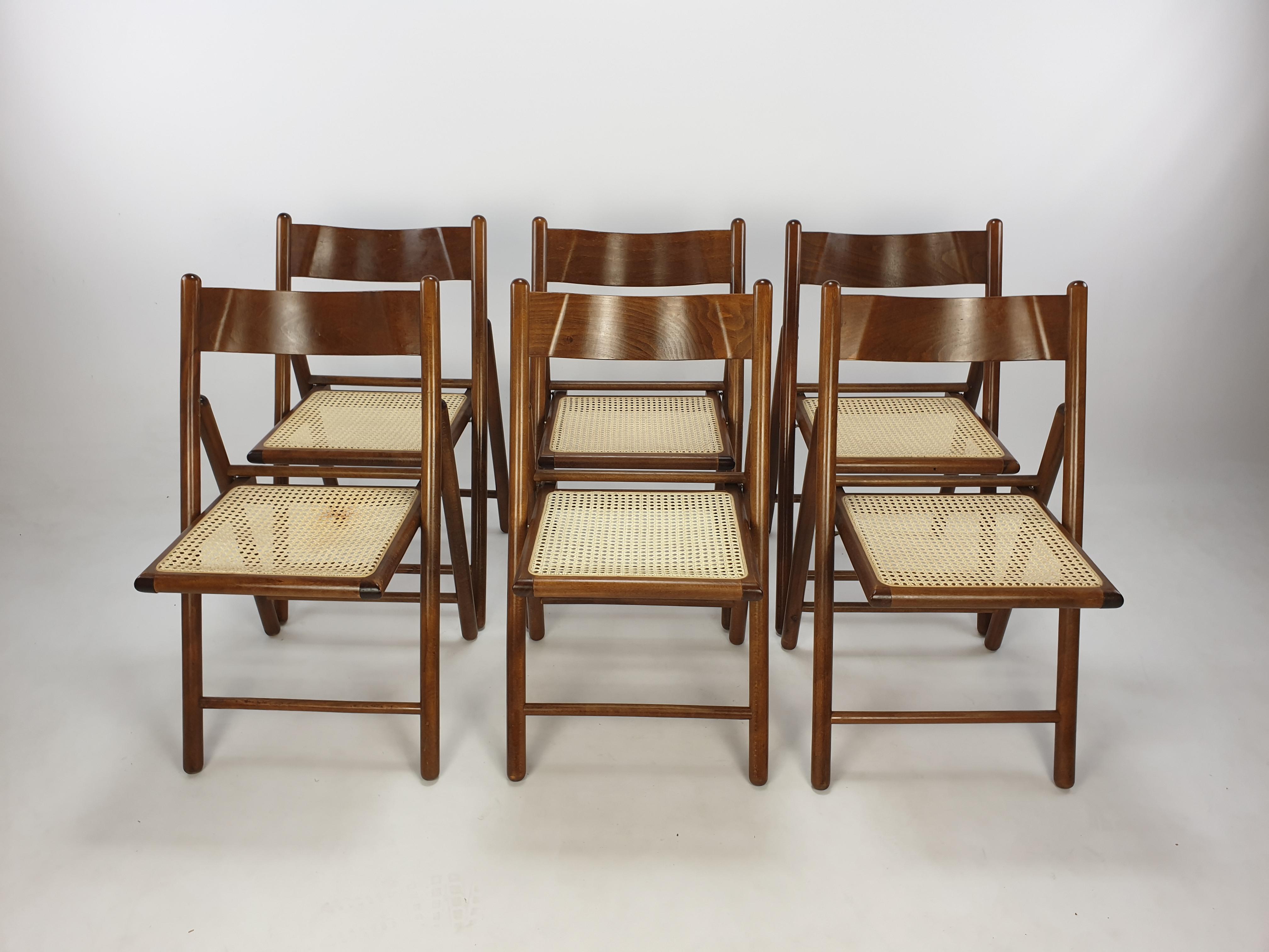 Set of 6 Italian Folding Chairs with Rattan, 1980's In Good Condition In Oud Beijerland, NL