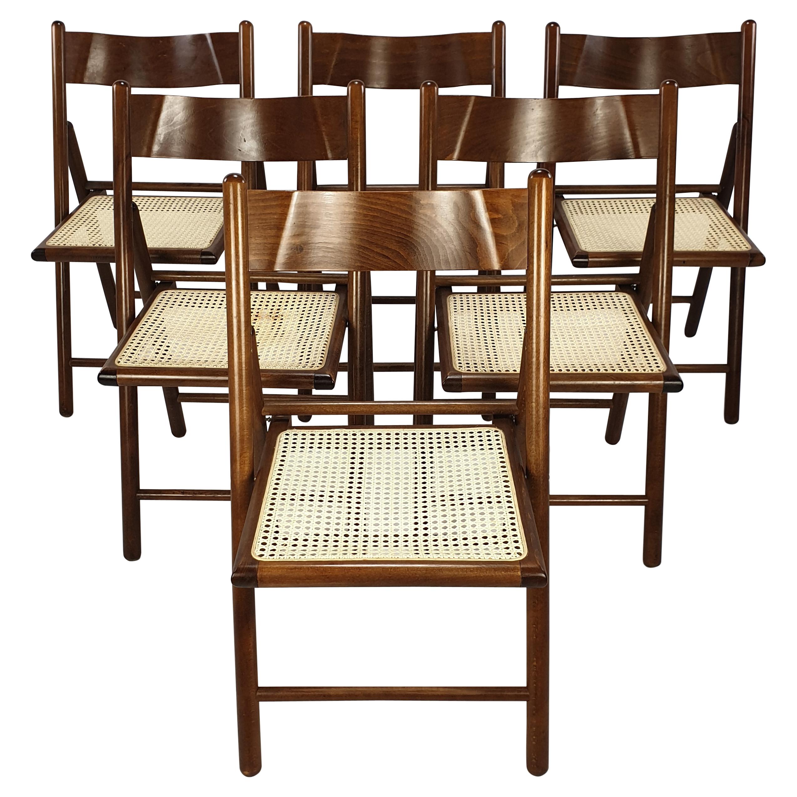 Set of 6 Italian Folding Chairs with Rattan, 1980's