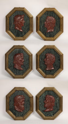 Set of 6 Italian Grand Tour Caesar Plaques w/ Porphyry Cameo in Bronze Frames