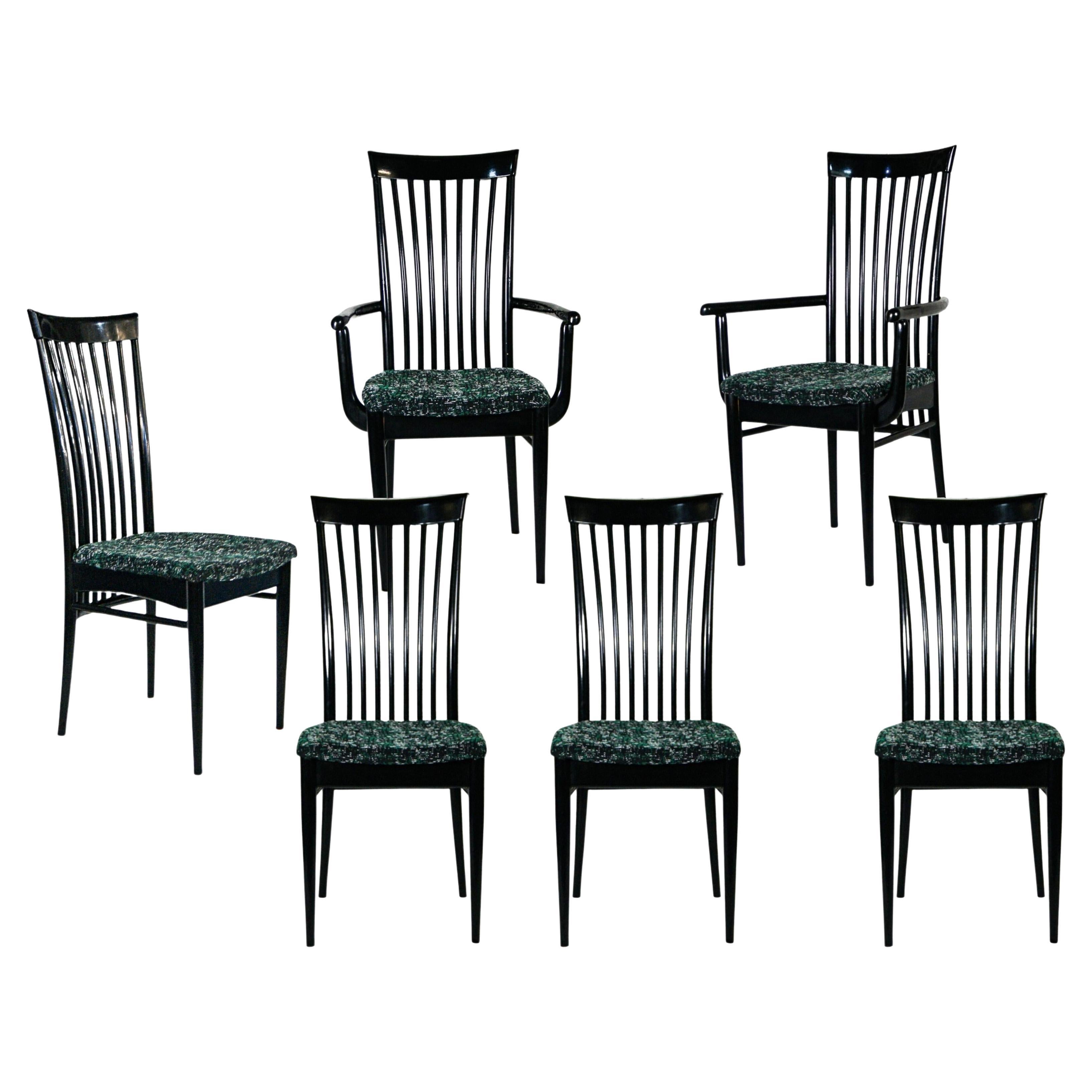 Set of 6 Italian Lacquered Black Dining Chairs in the Manner of Paolo Buffa