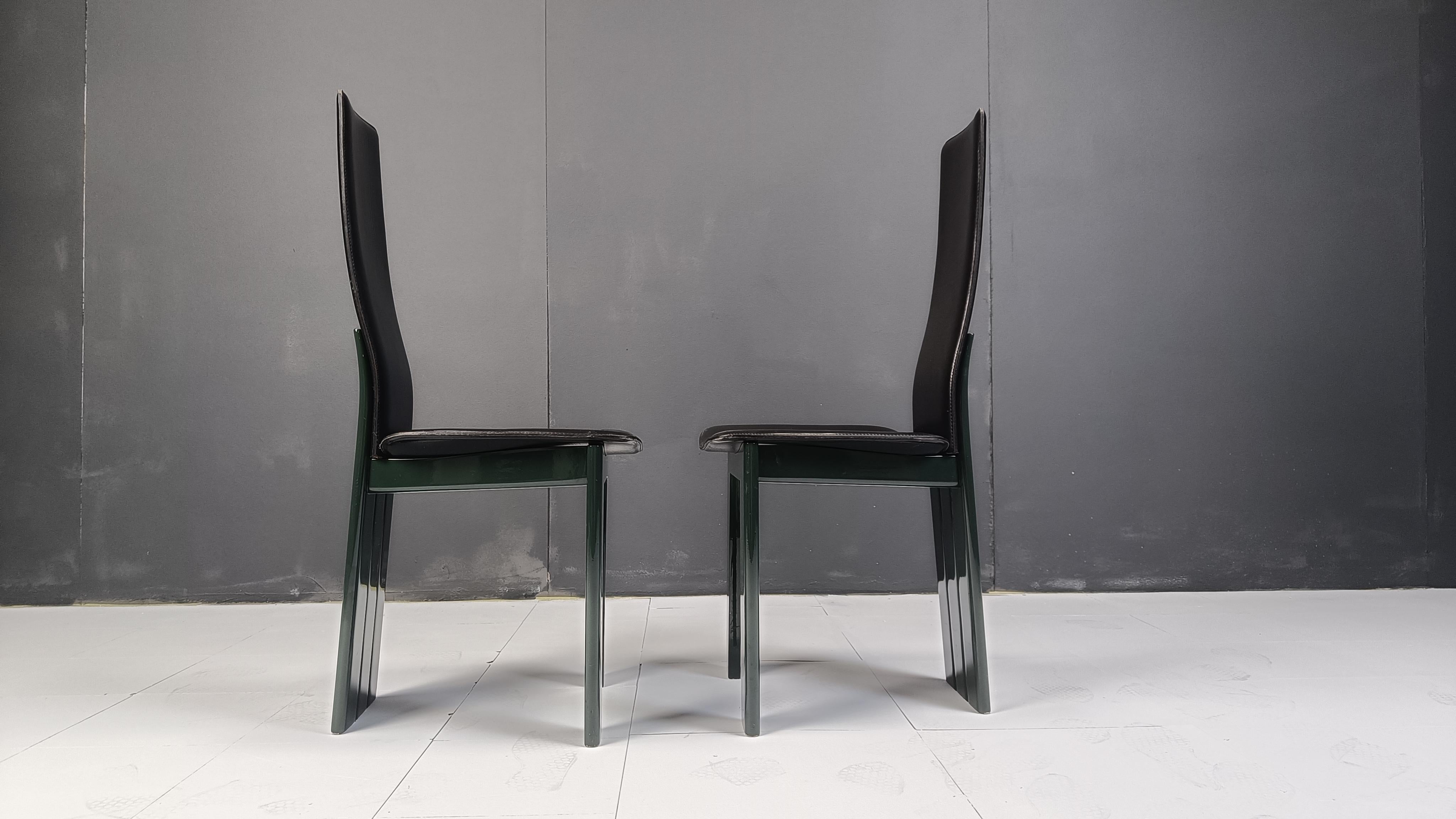 Set of 6 Italian leather and green lacquer dining chairs, 1980s For Sale 5