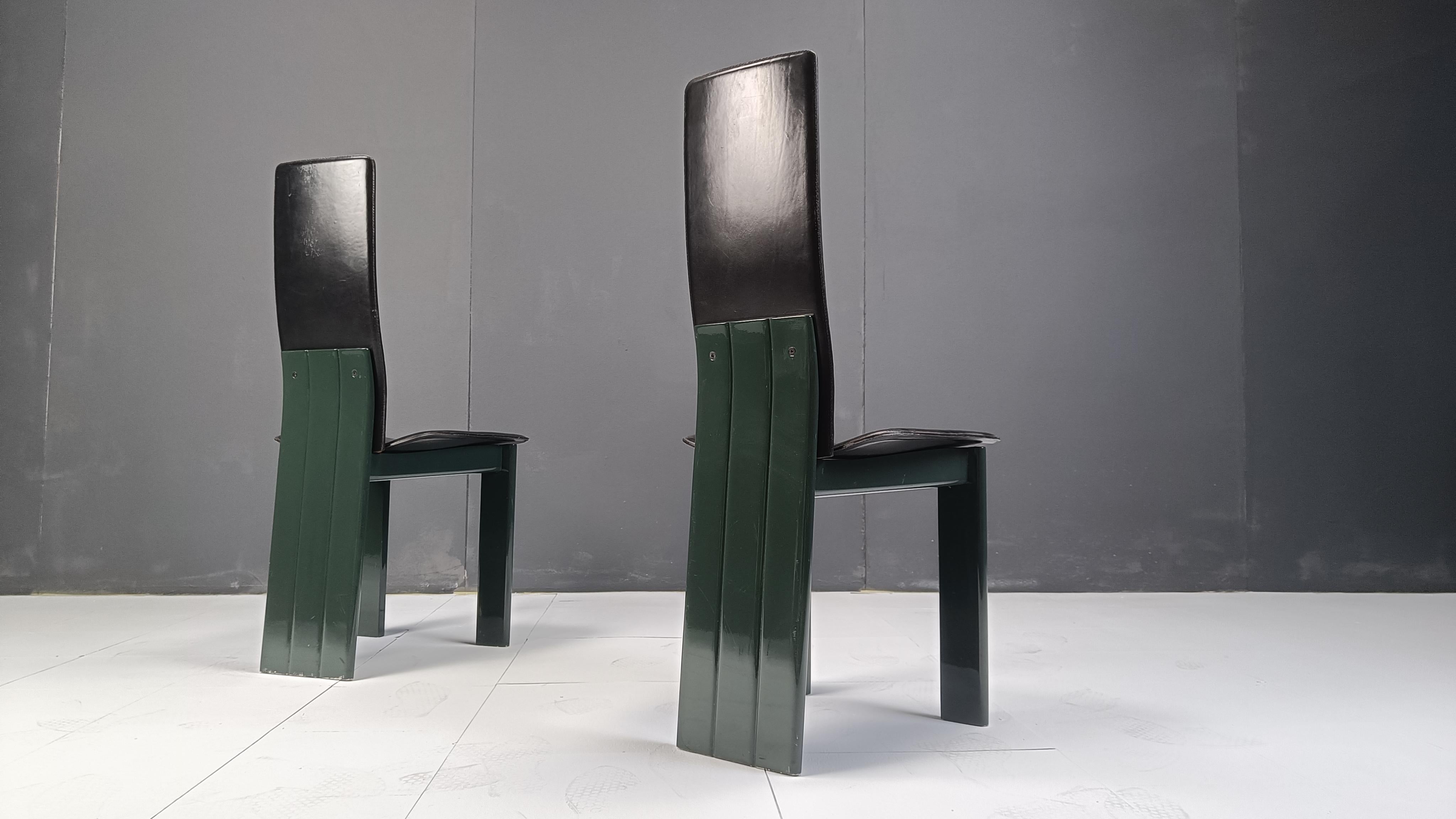 Set of 6 Italian leather and green lacquer dining chairs, 1980s For Sale 6