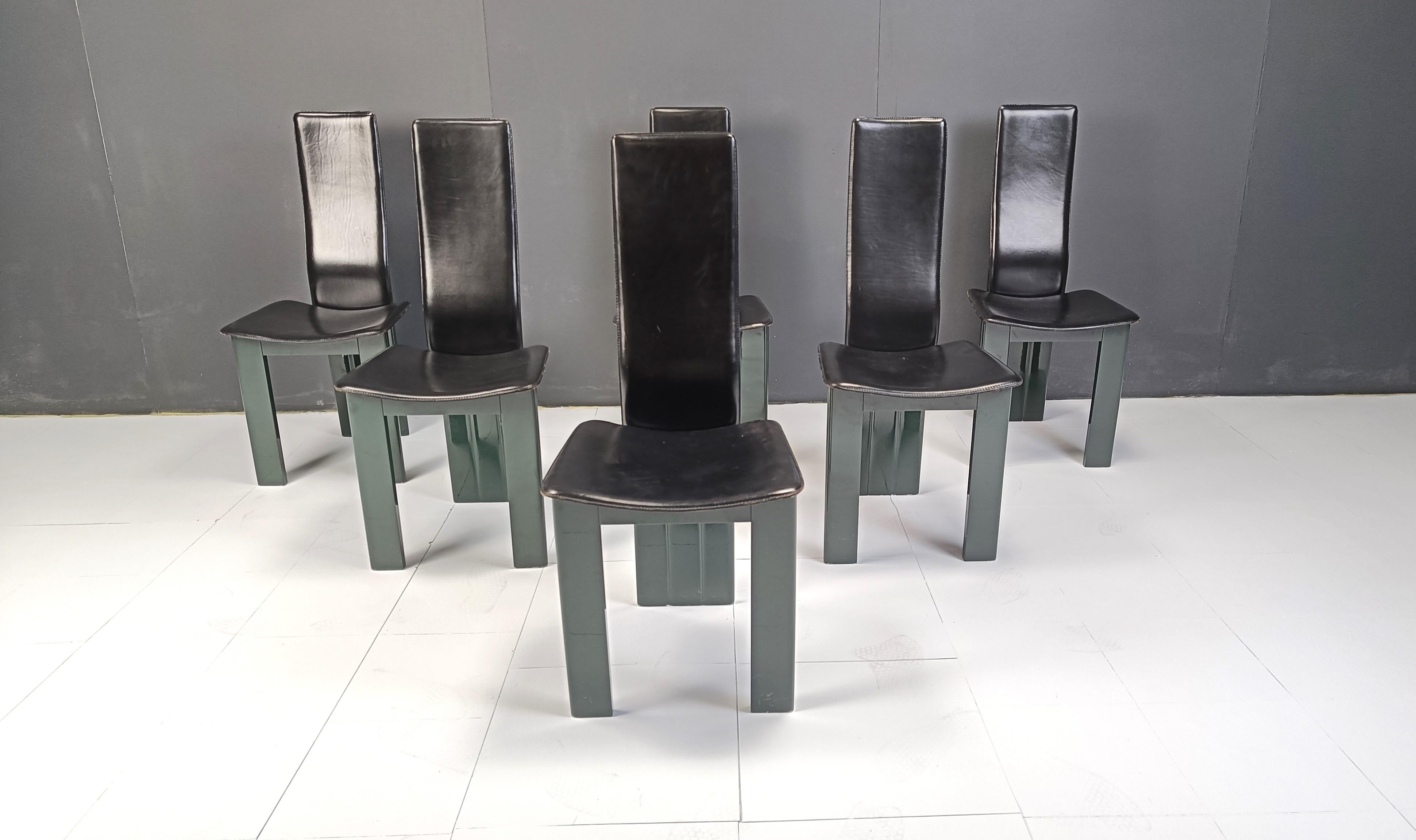 Post-Modern Set of 6 Italian leather and green lacquer dining chairs, 1980s For Sale