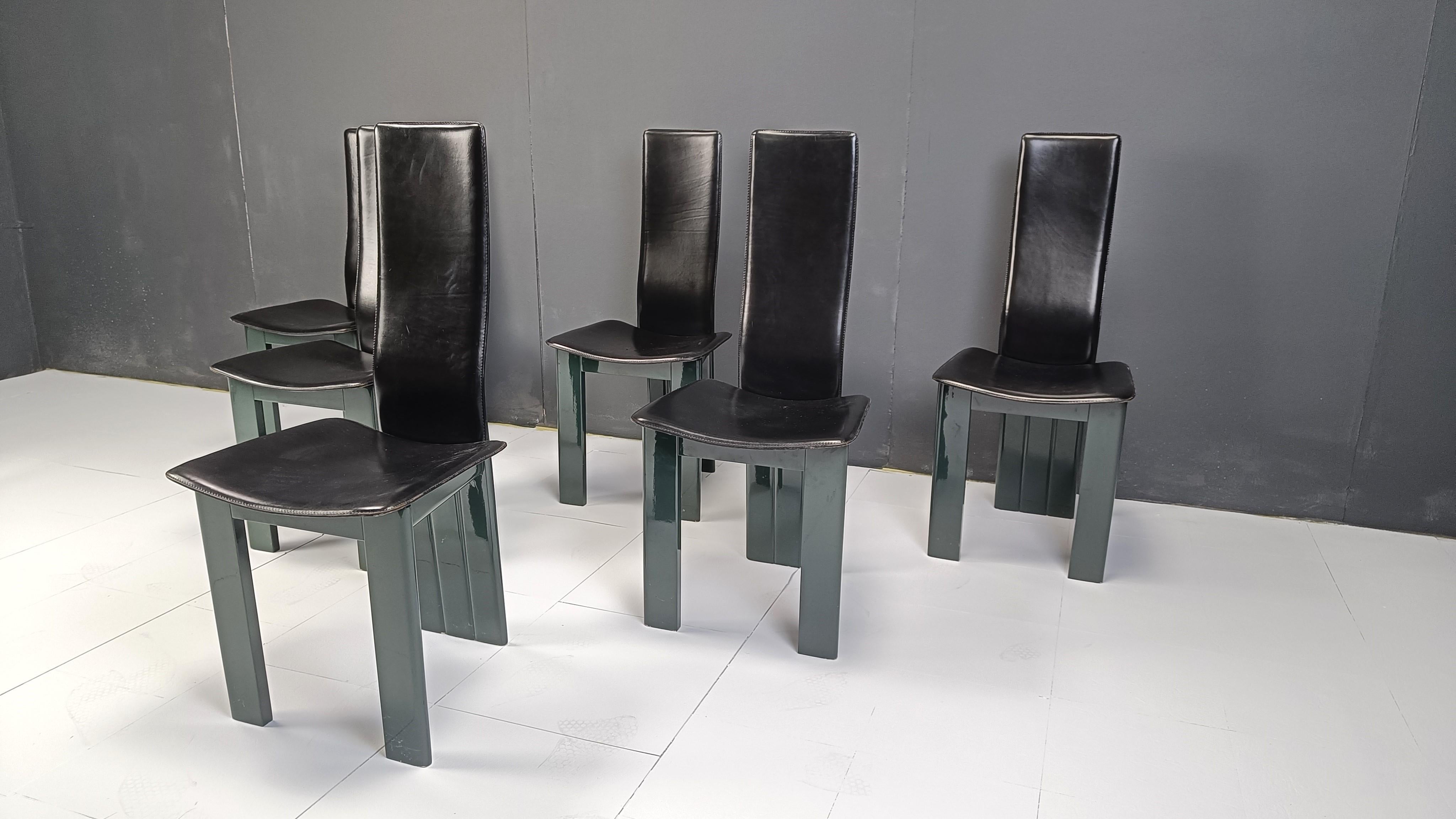 Set of 6 Italian leather and green lacquer dining chairs, 1980s For Sale 2