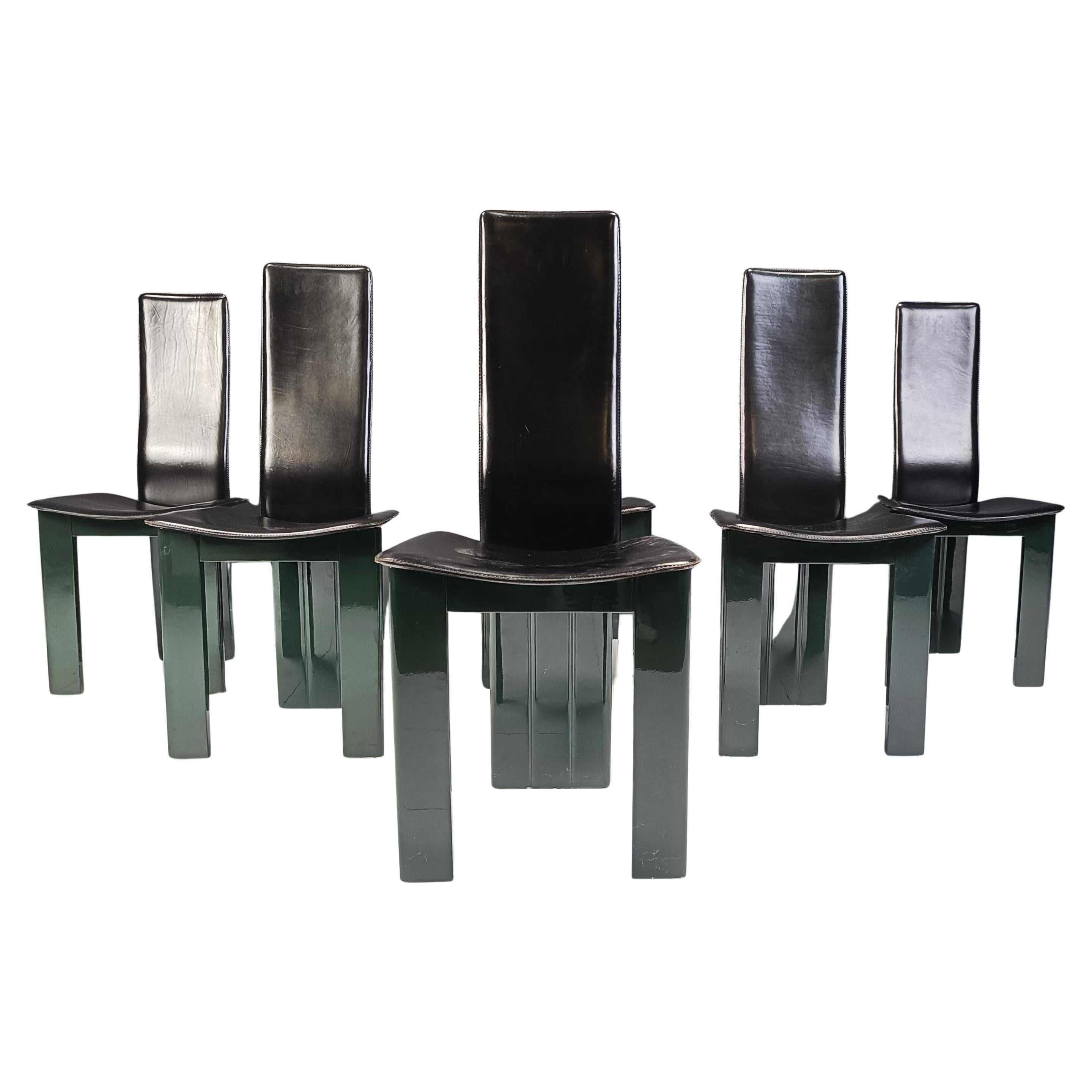 Set of 6 Italian leather and green lacquer dining chairs, 1980s