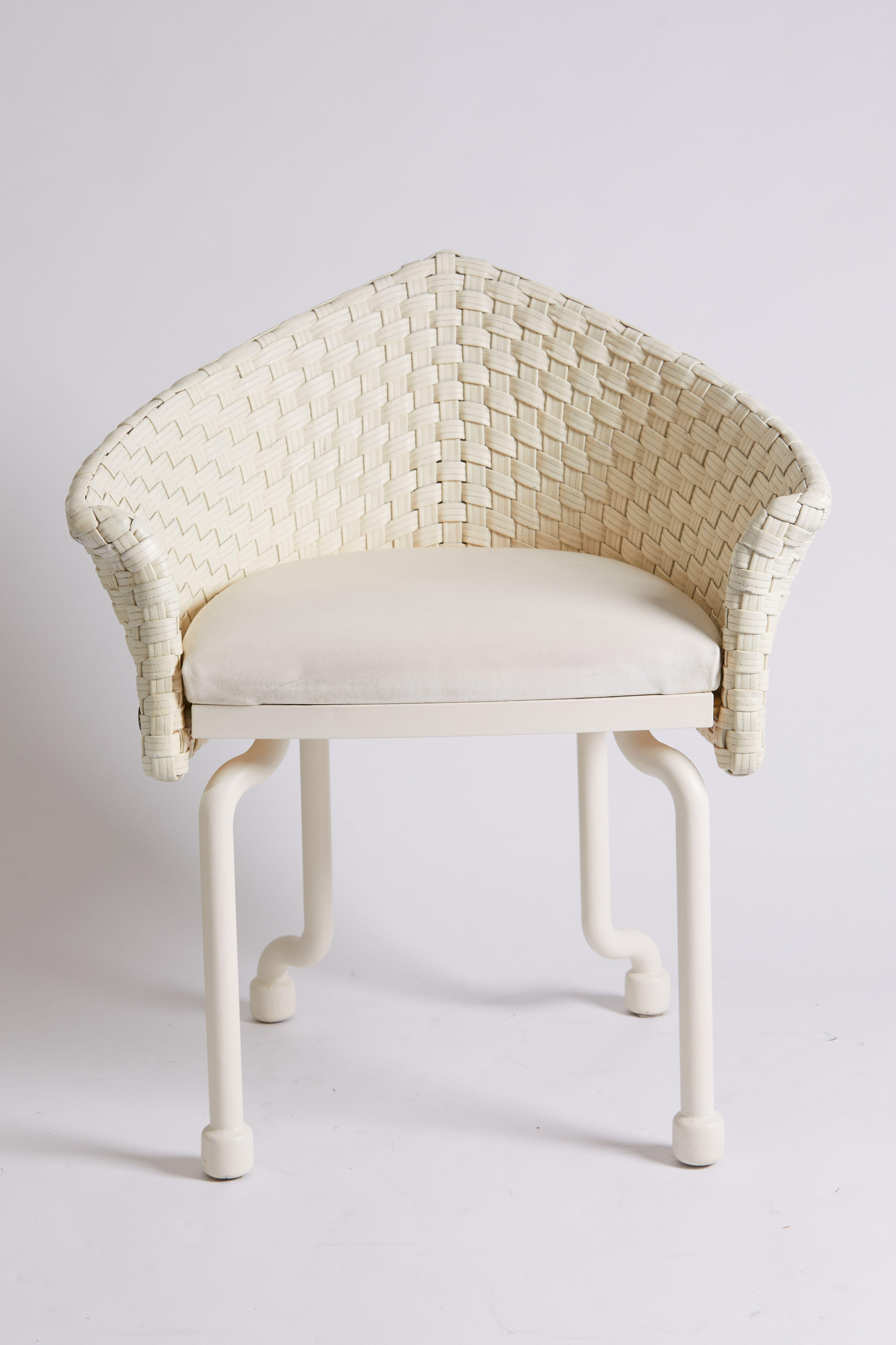 Set of 6 rare Marzio Cecchi white woven leather and painted metal chairs, circa 1975, Italy. Made for the hotel Moderno in Tuscany.