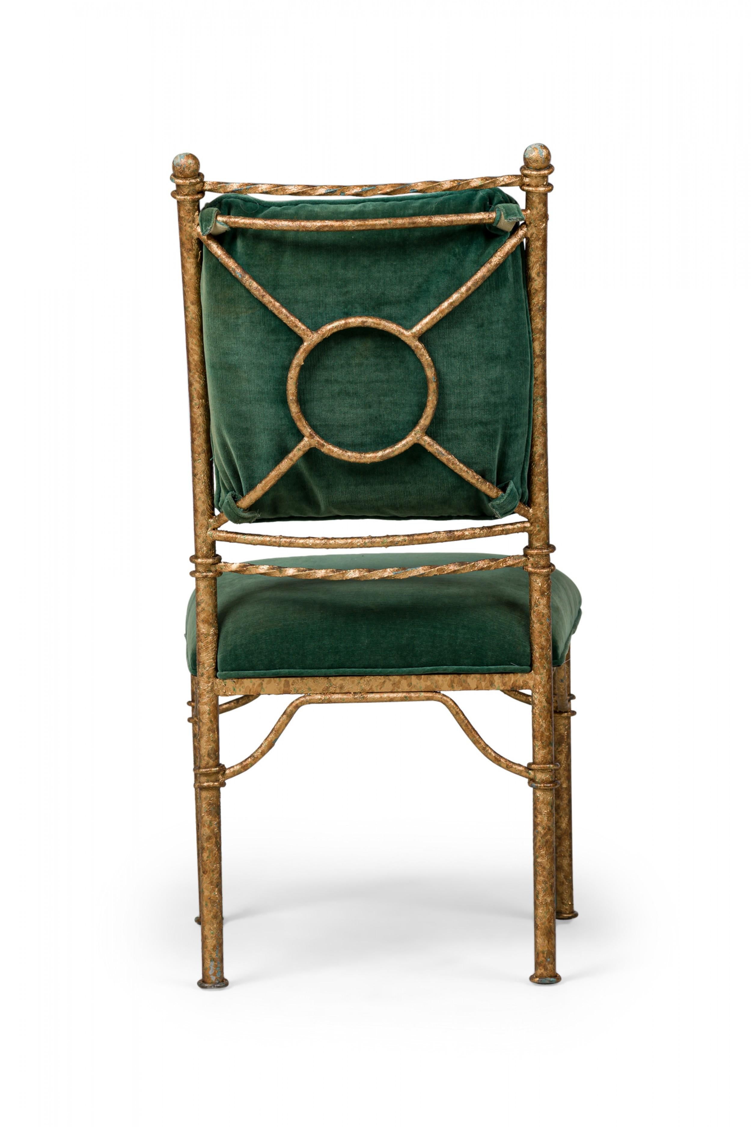 Set of 6 Italian Mid-Century Gilt Iron and Green Velvet Side Chairs For Sale 8