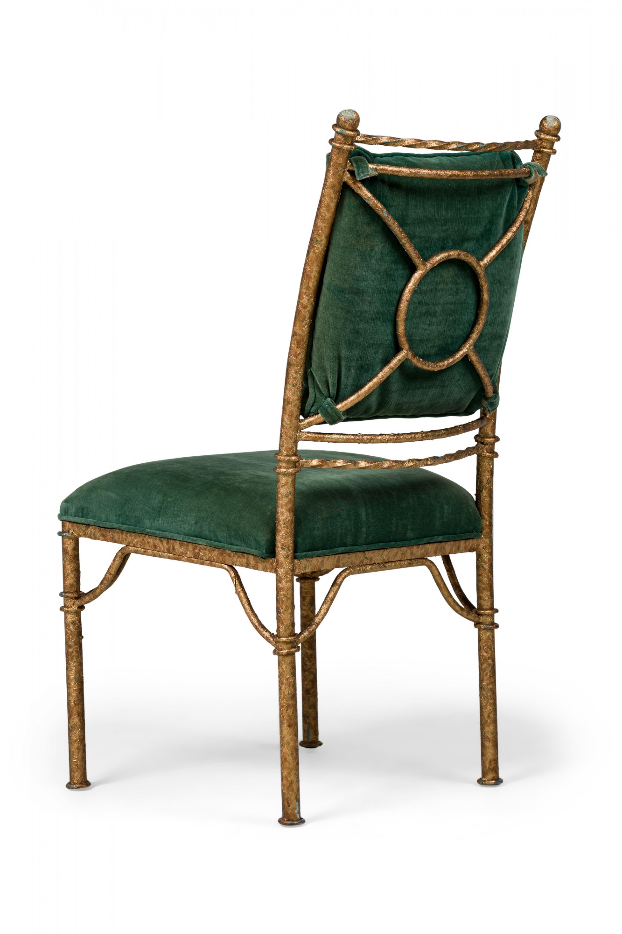 Set of 6 Italian Mid-Century Gilt Iron and Green Velvet Side Chairs For Sale 9