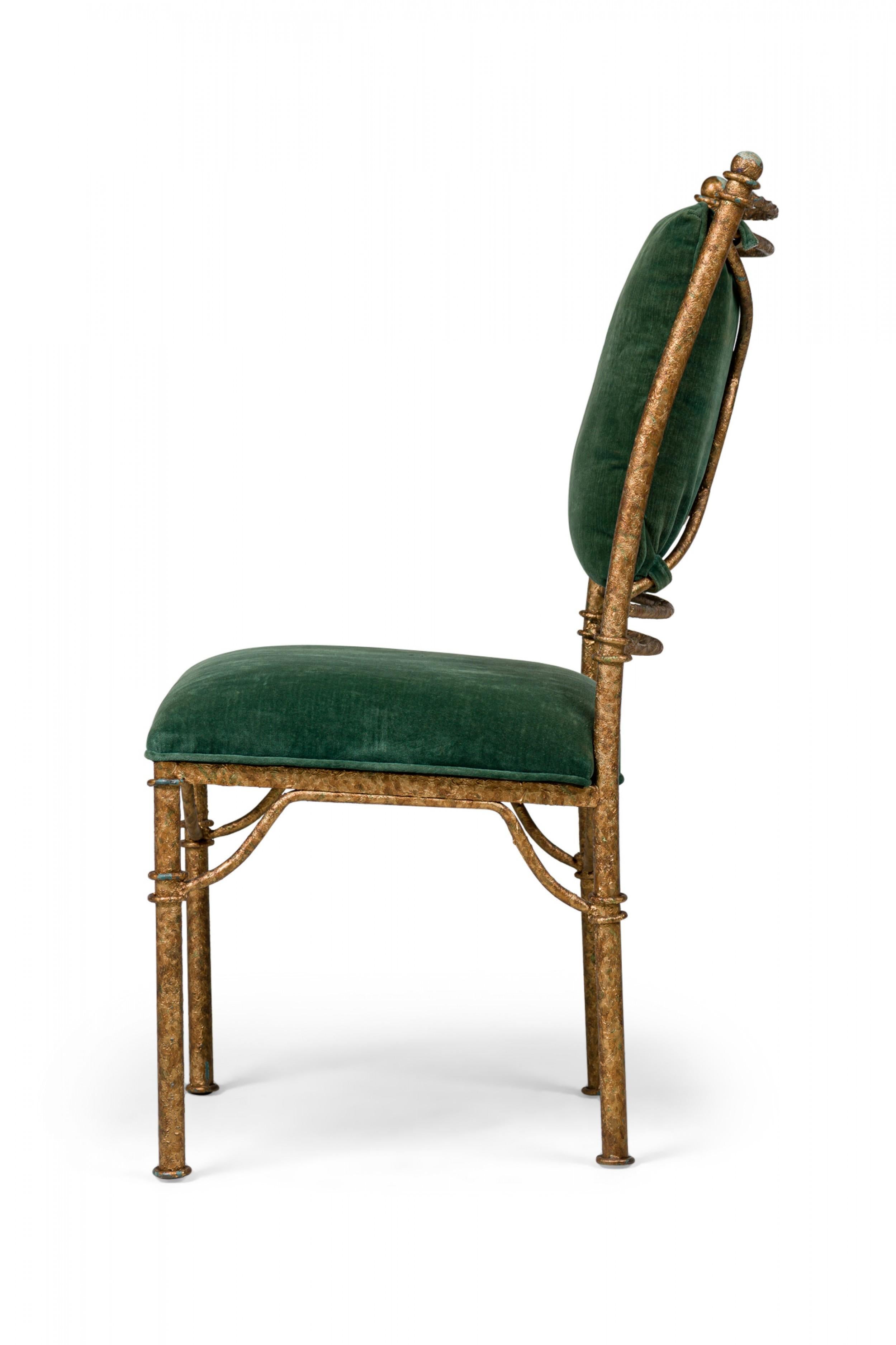 Mid-Century Modern Set of 6 Italian Mid-Century Gilt Iron and Green Velvet Side Chairs For Sale