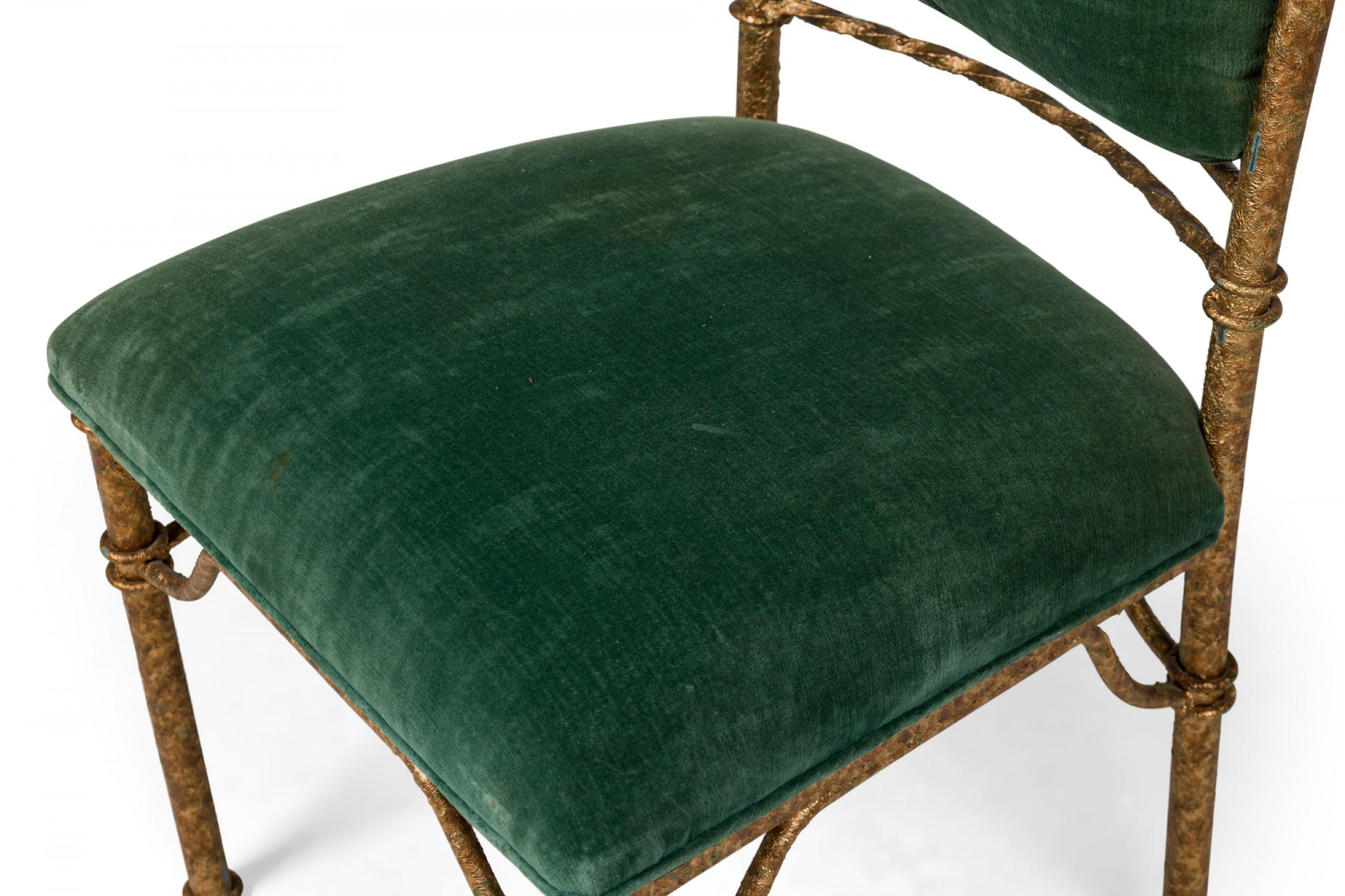 Set of 6 Italian Mid-Century Gilt Iron and Green Velvet Side Chairs For Sale 2