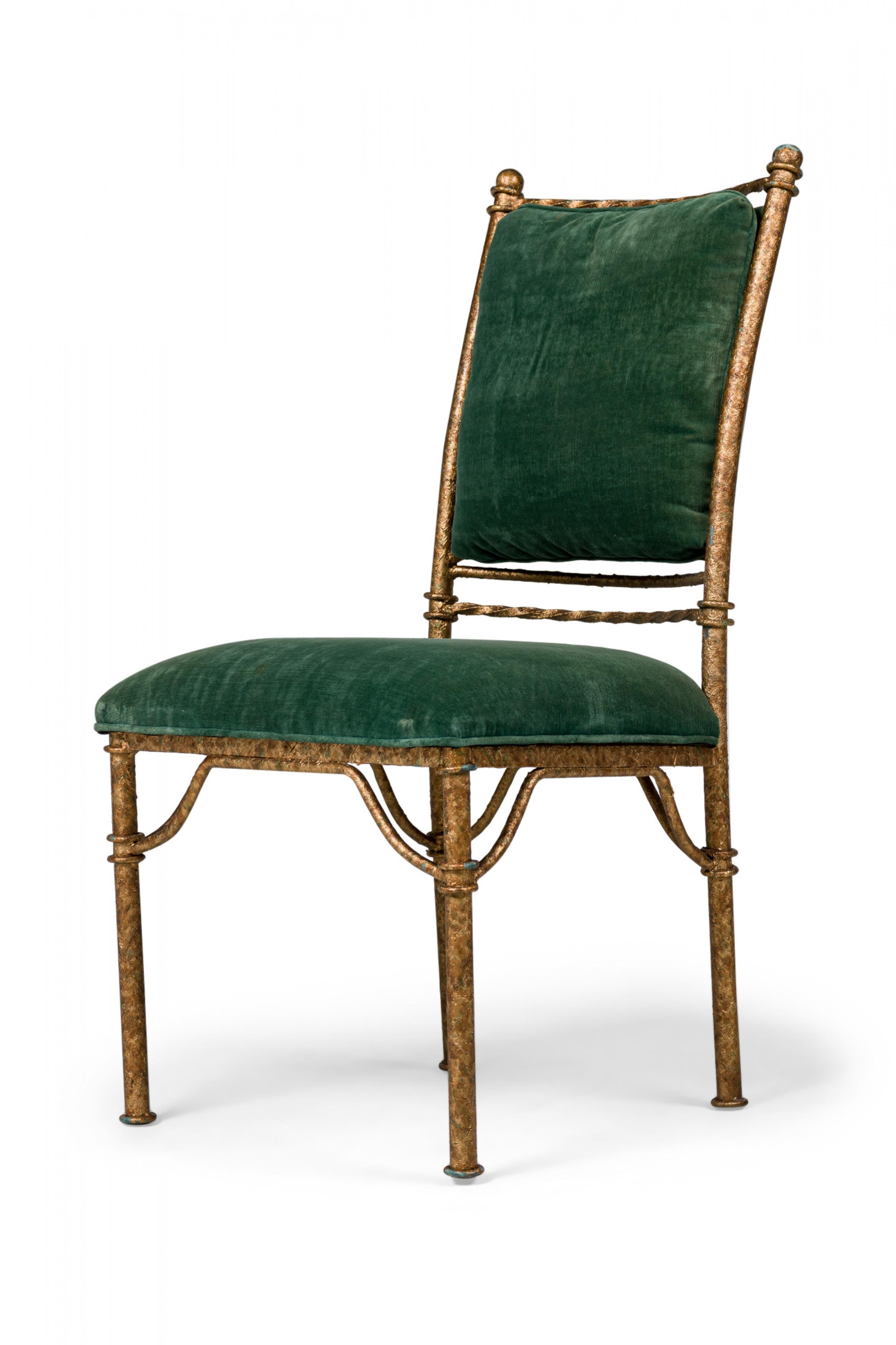 Set of 6 Italian Mid-Century Gilt Iron and Green Velvet Side Chairs For Sale 4