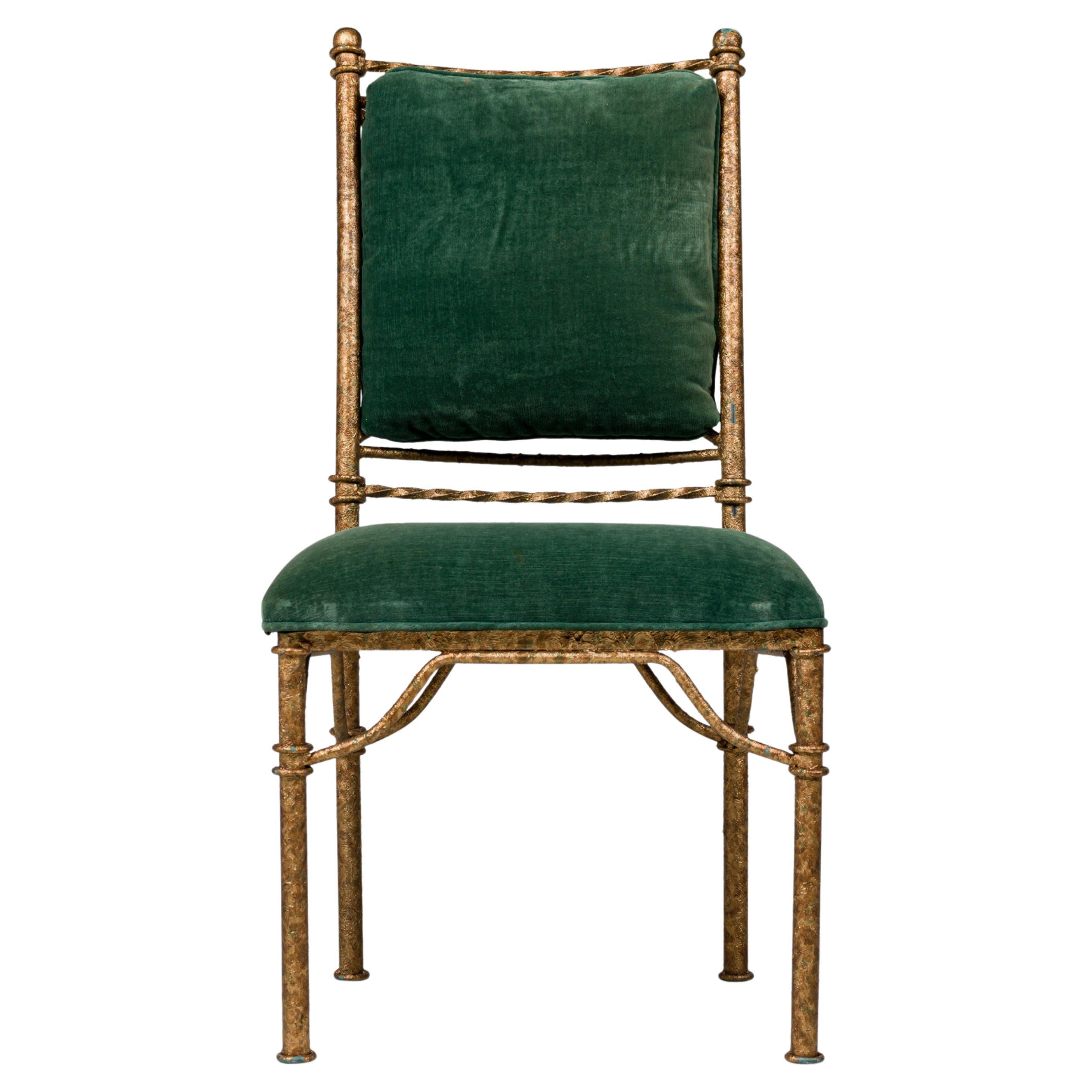 SET of 6 Italian Mid-Century side chairs with gilt wrought iron frames and sage green velvet upholstered seats with matching removable back cushions that attach to the frames by velcro loops. (PRICED AS SET).
