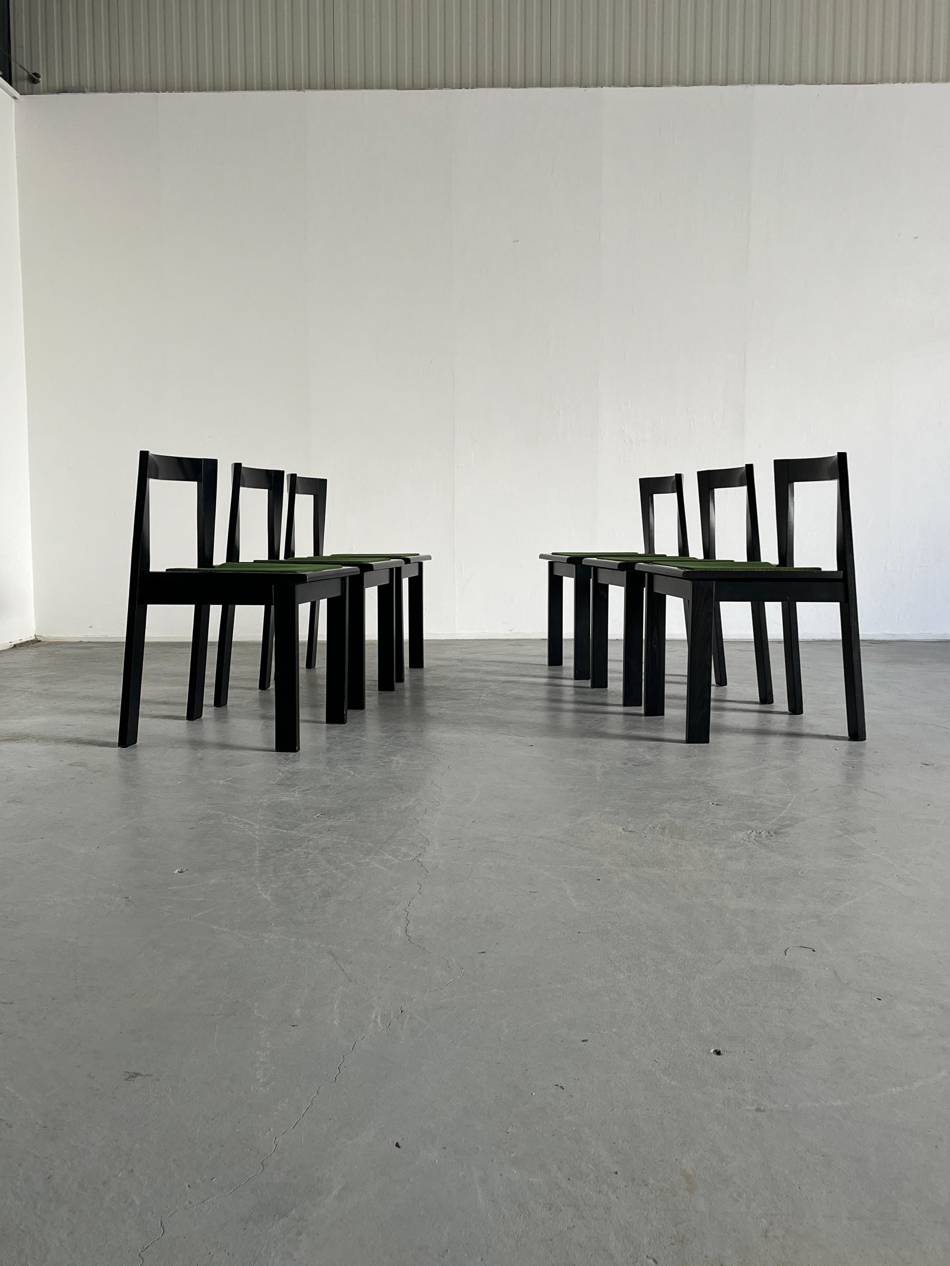 Upholstery Set of 6 Italian Mid-Century Modern Constructivist Wooden Dining Chairs, 70s