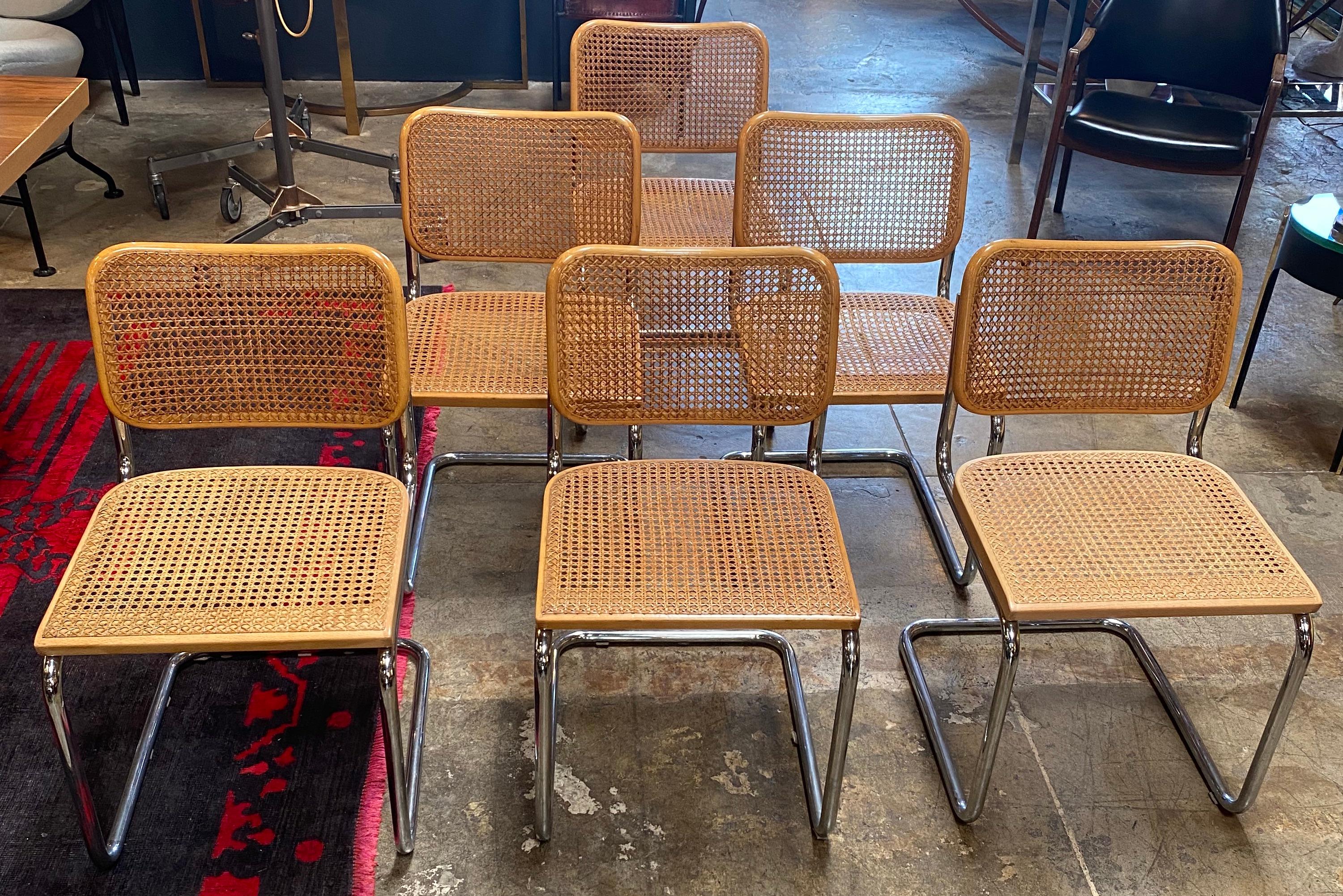 Set of 6 dining chair Cane Cesca ! Stunning!

The Cesca chair was a chair design in 1928 by Marcel Breuer, using tubular steel.It was named Cesca as a tribute to Breuer’s adopted daughter Francesca (nicknamed Cheska).
In 1968 the chair was