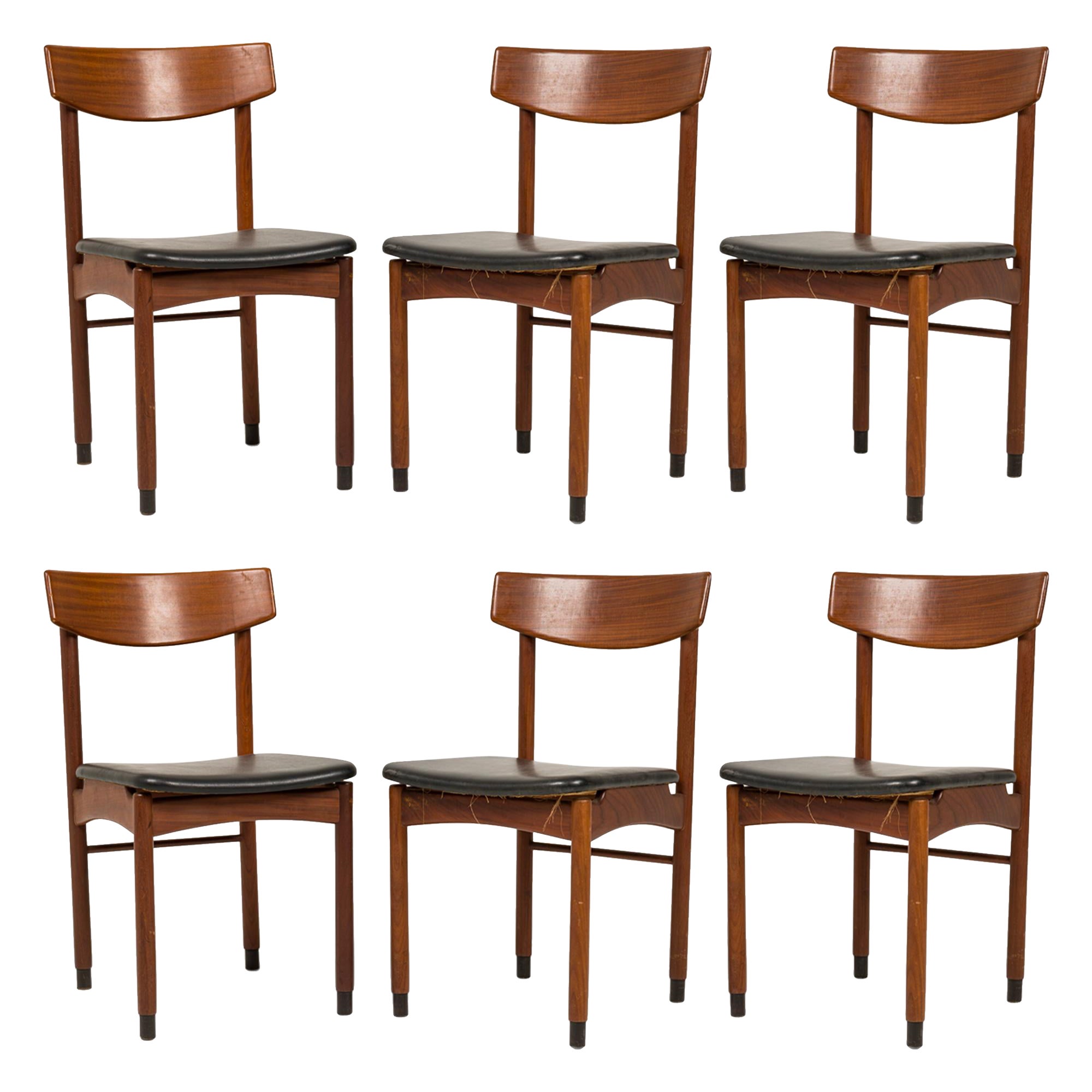 Set of 6 Italian Mid-Century Teak and Black Faux Leather Side / Dining Chairs