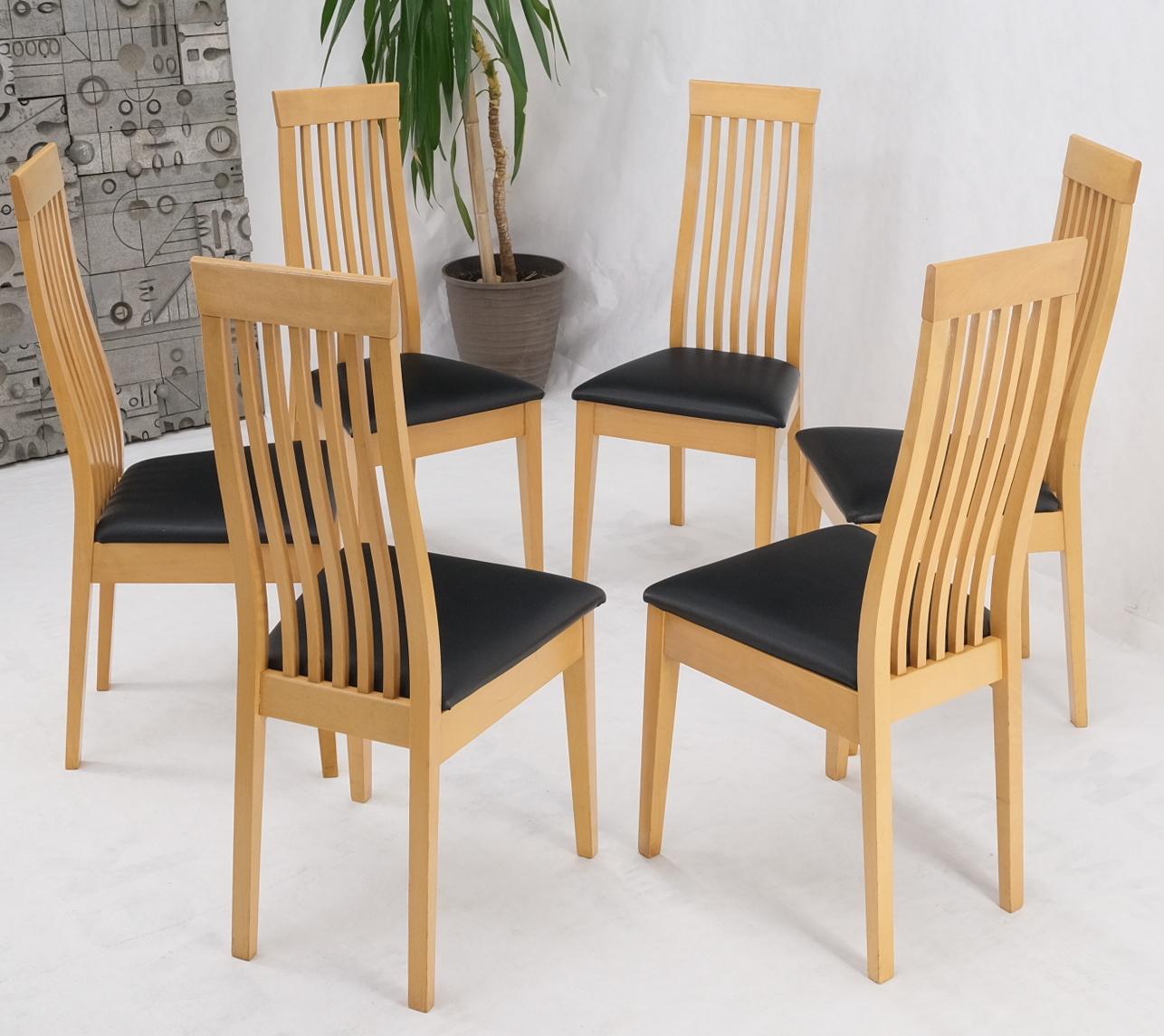 Set of 6 Italian Modern blond wood tall backs dining chairs.