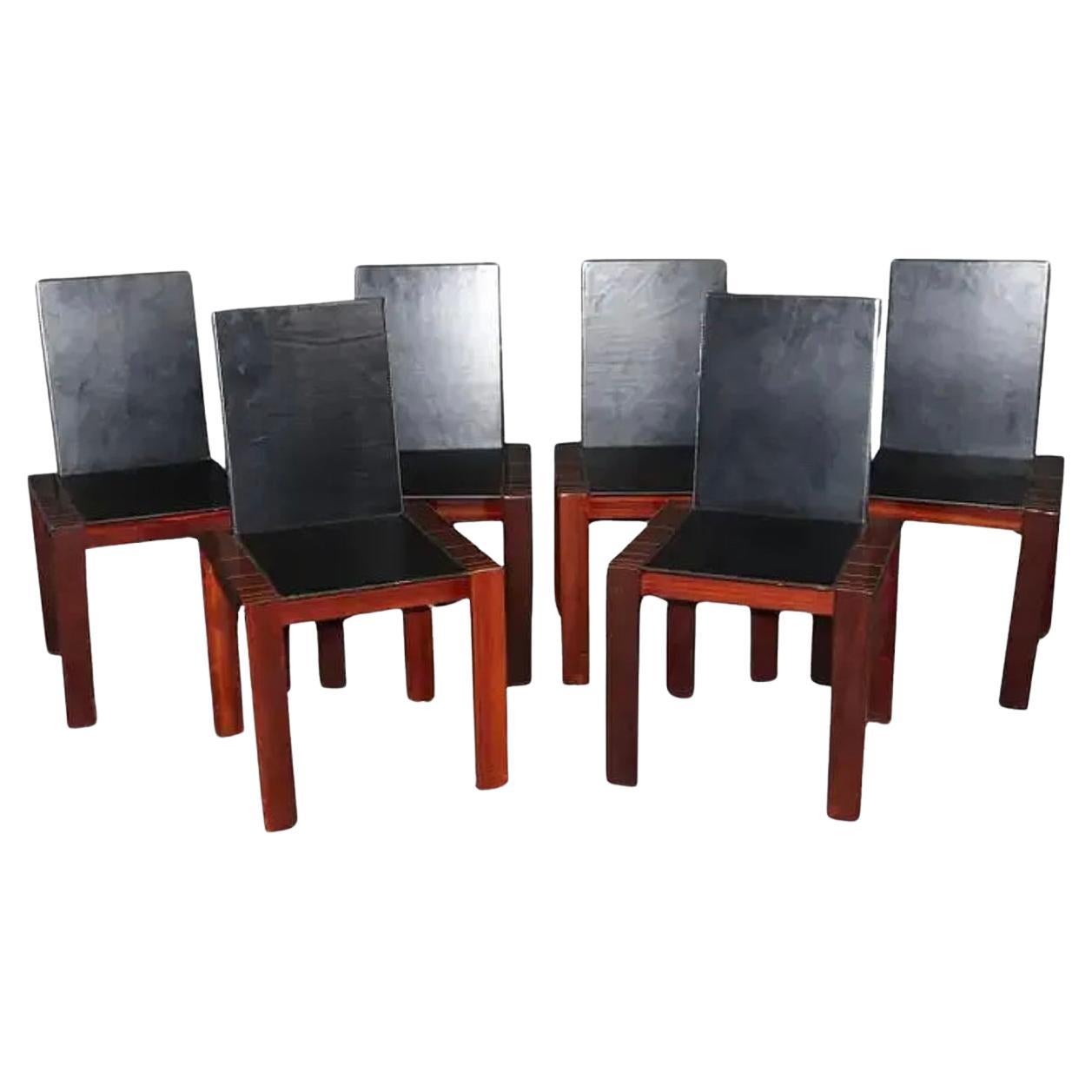 Set of 6 Italian modern Leather rosewood dining chairs brutalist