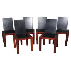 Set of 6 Italian modern Leather rosewood dining chairs brutalist