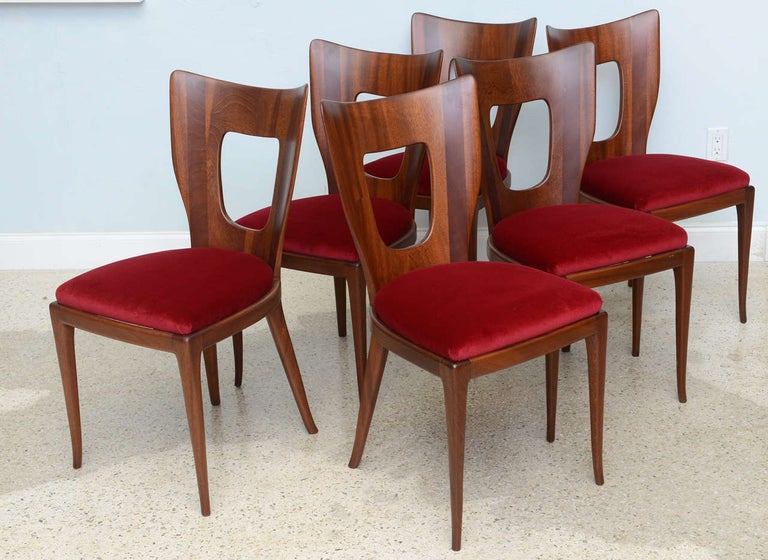 Mid-Century Modern Set of 6 Italian Modern Walnut Dining Chairs, Borsani For Sale