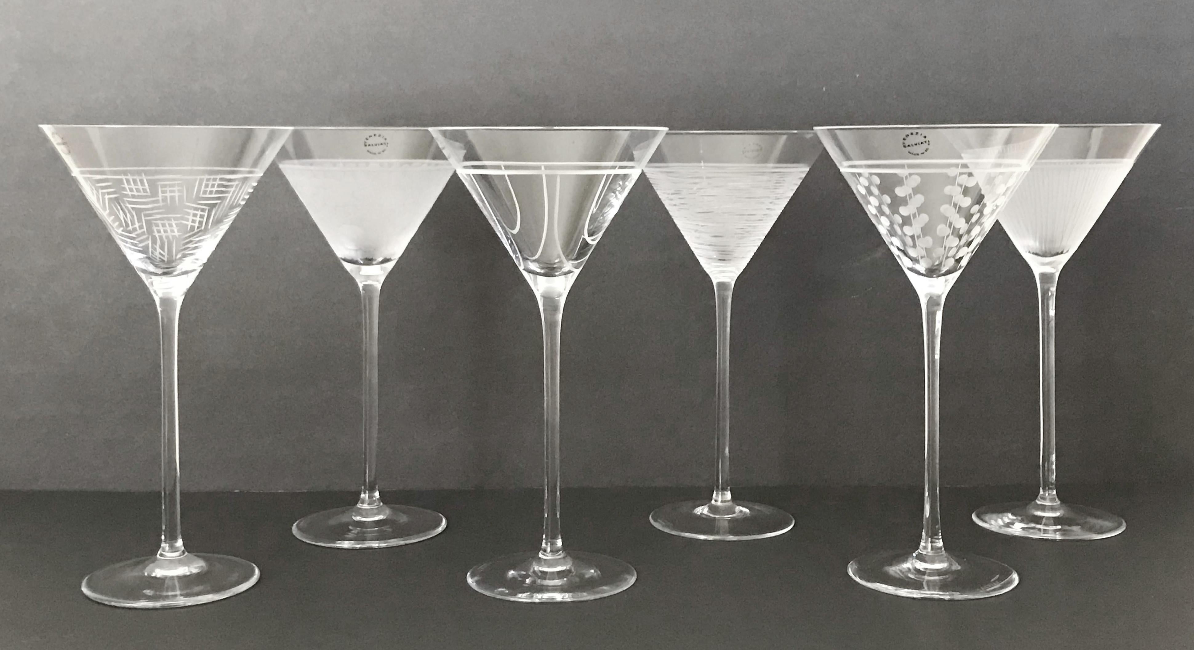 Set of 6 martini glasses by Salviati, in unique handmade patterns with original 