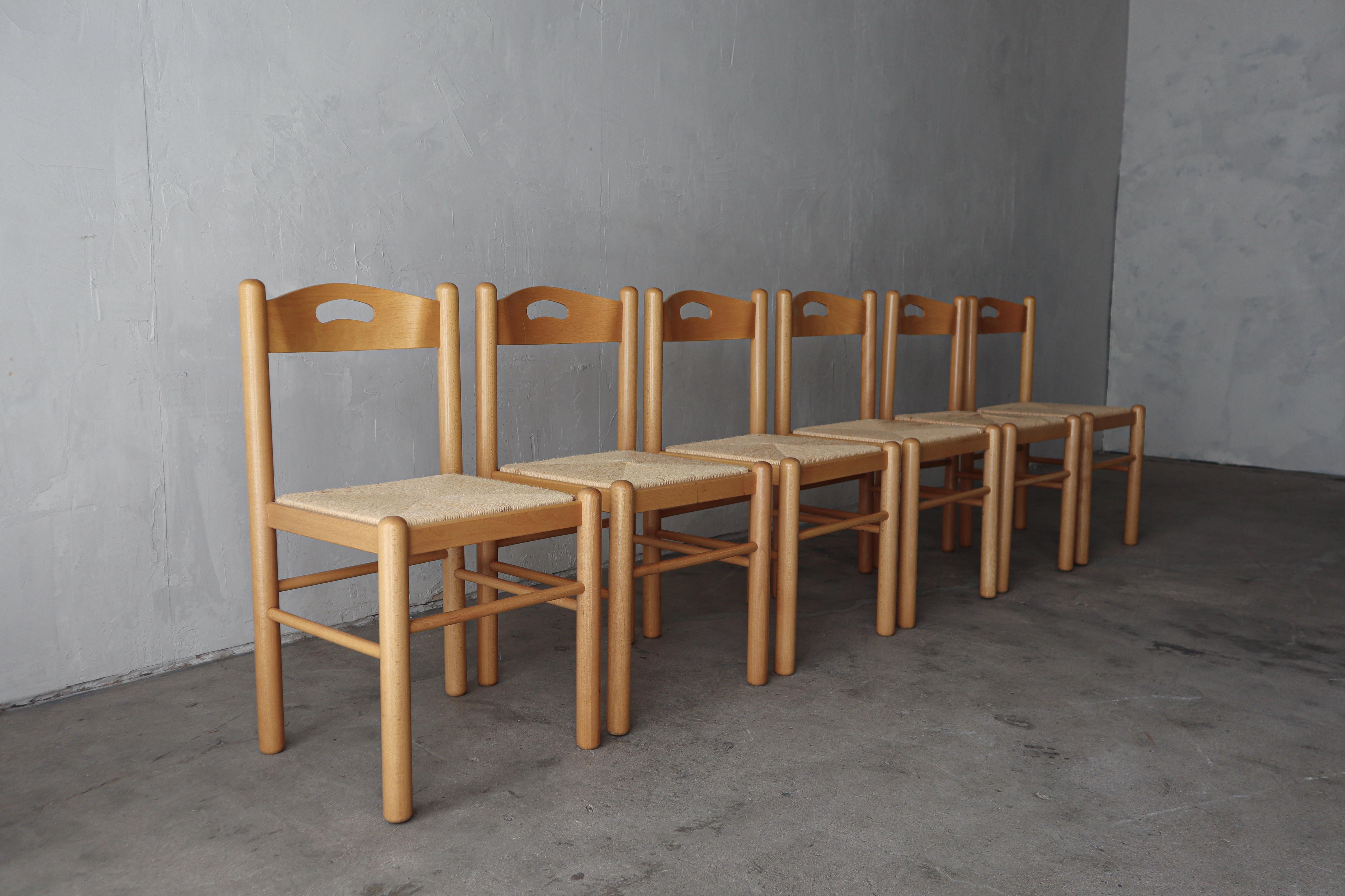 Minimalist Set of 6 Italian Oak and Rush Dining Chairs