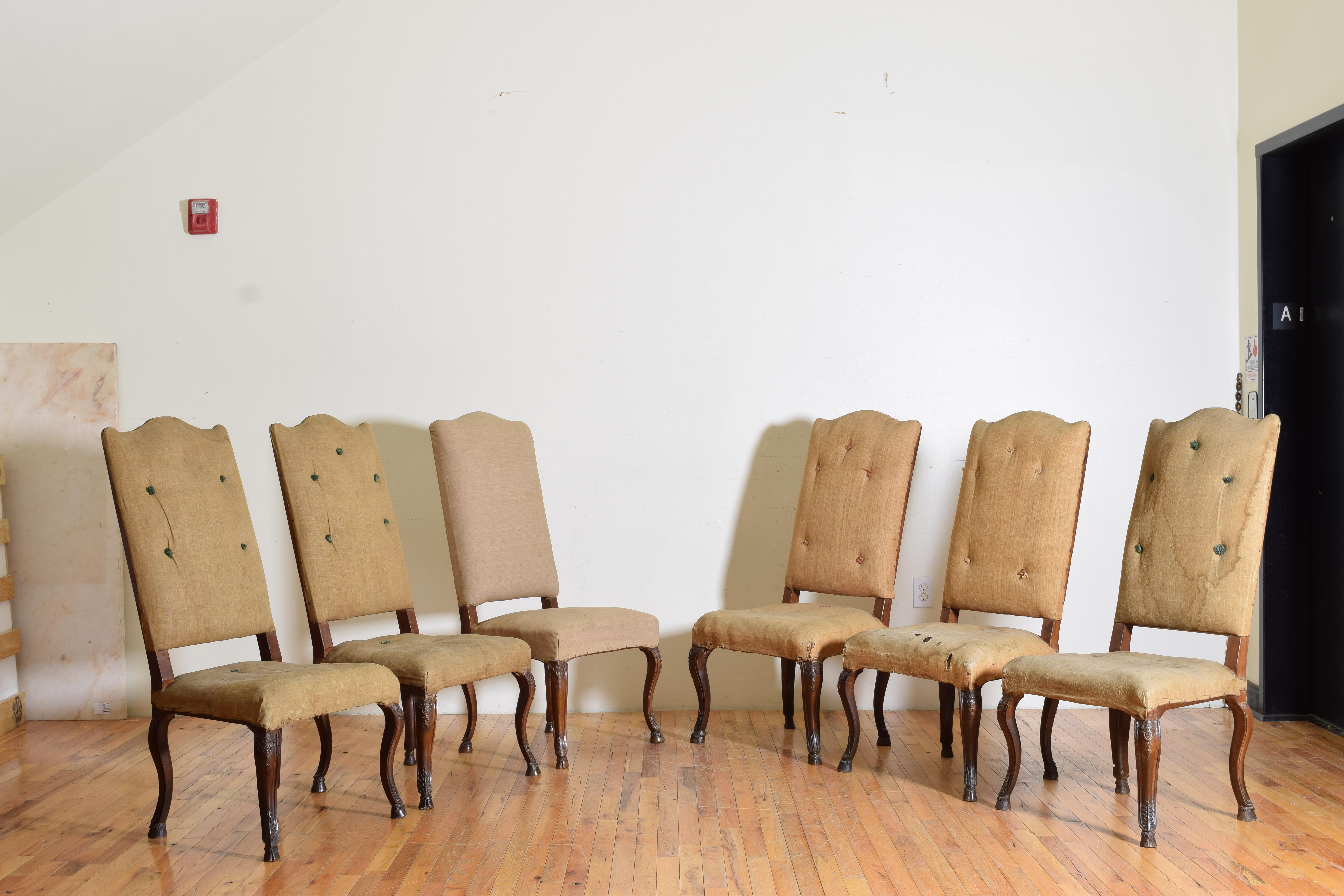 Mid-18th Century Set of 6 Italian, Piemontese, Rococo Period Carved Walnut Dining Chairs, 18thc For Sale