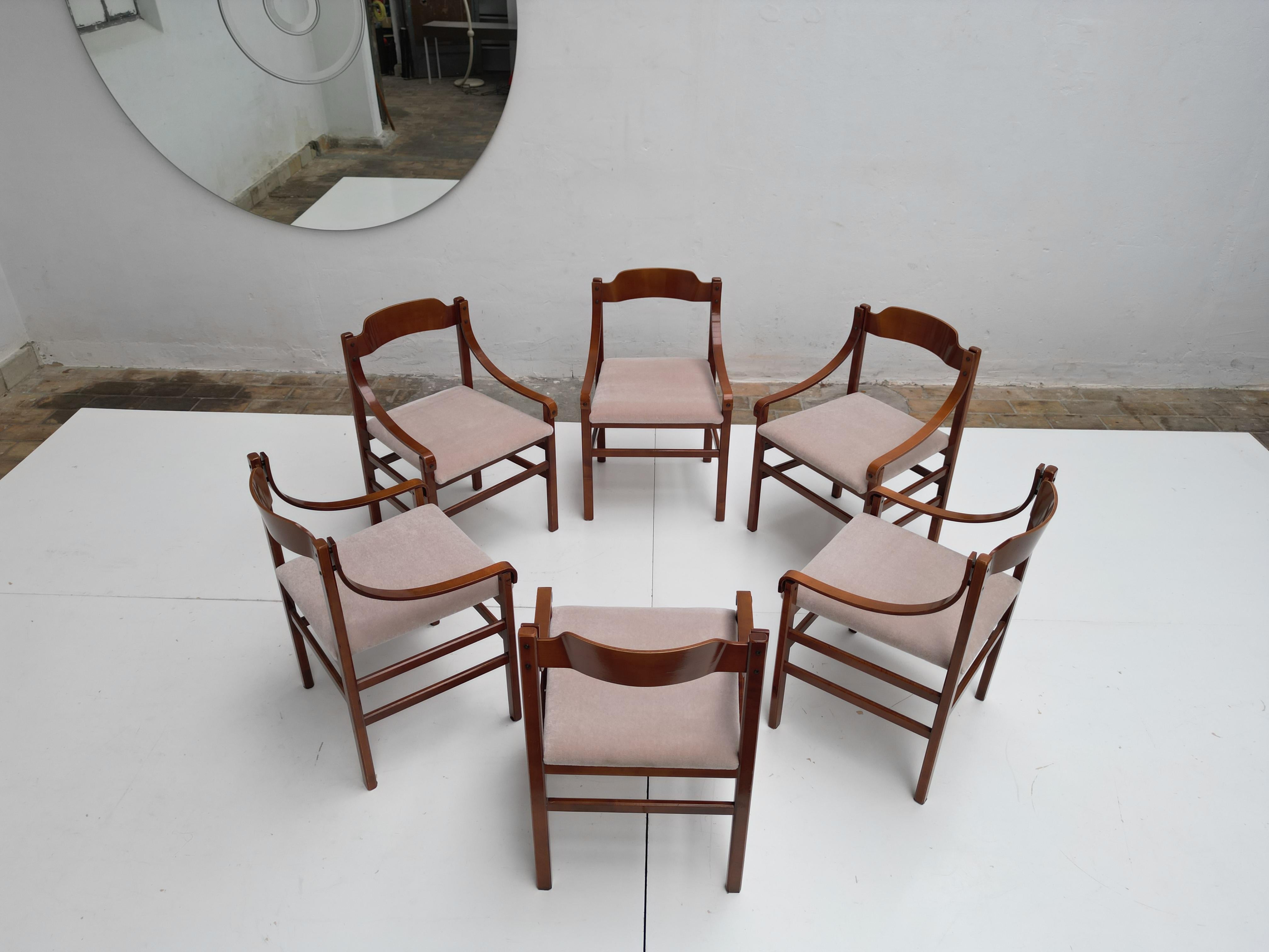 Set of 6 Italian Plywood Dining Chairs with New Mohair Wool Upholstery 1960's For Sale 4