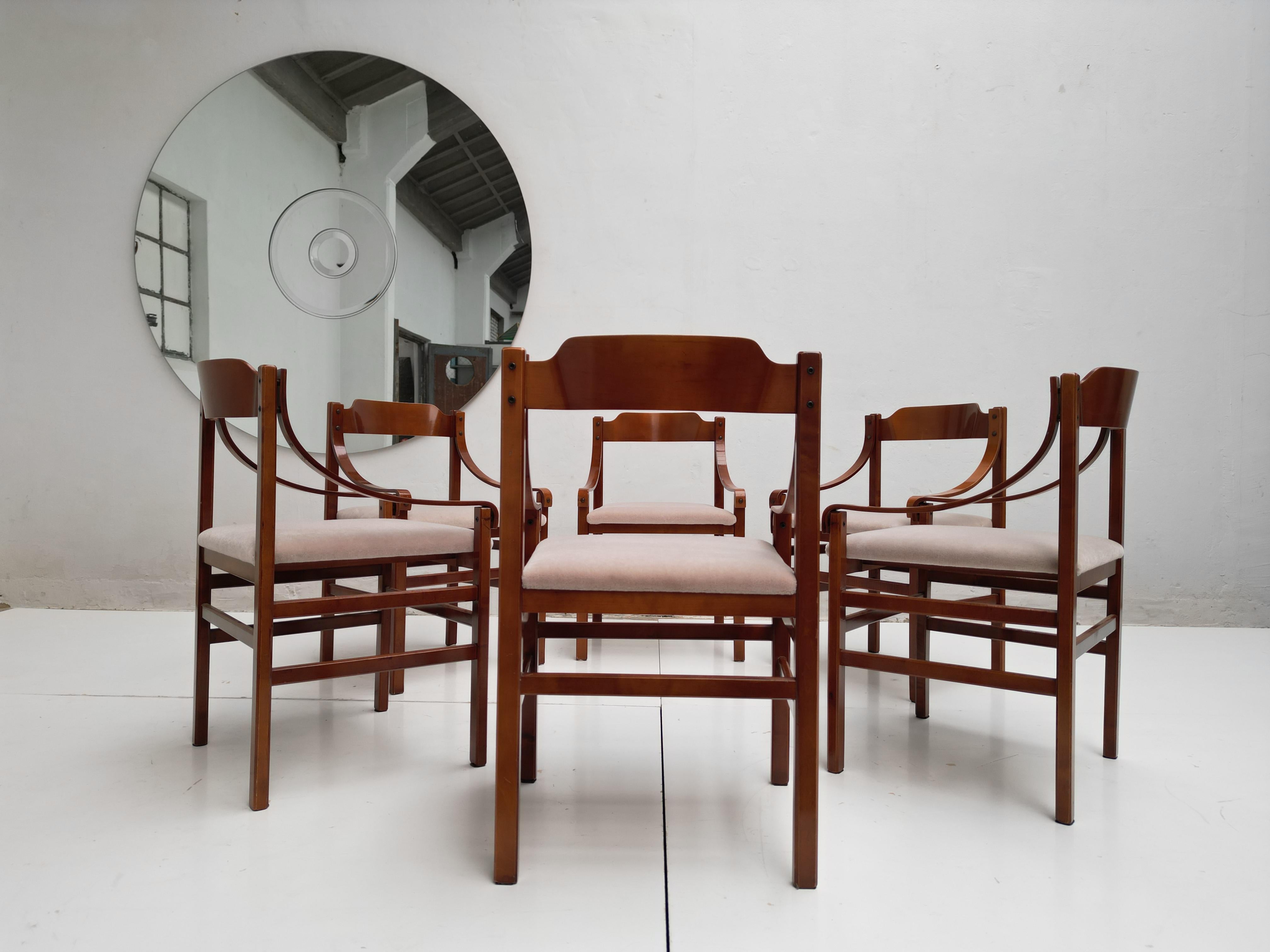 Set of 6 Italian Plywood Dining Chairs with New Mohair Wool Upholstery 1960's For Sale 10