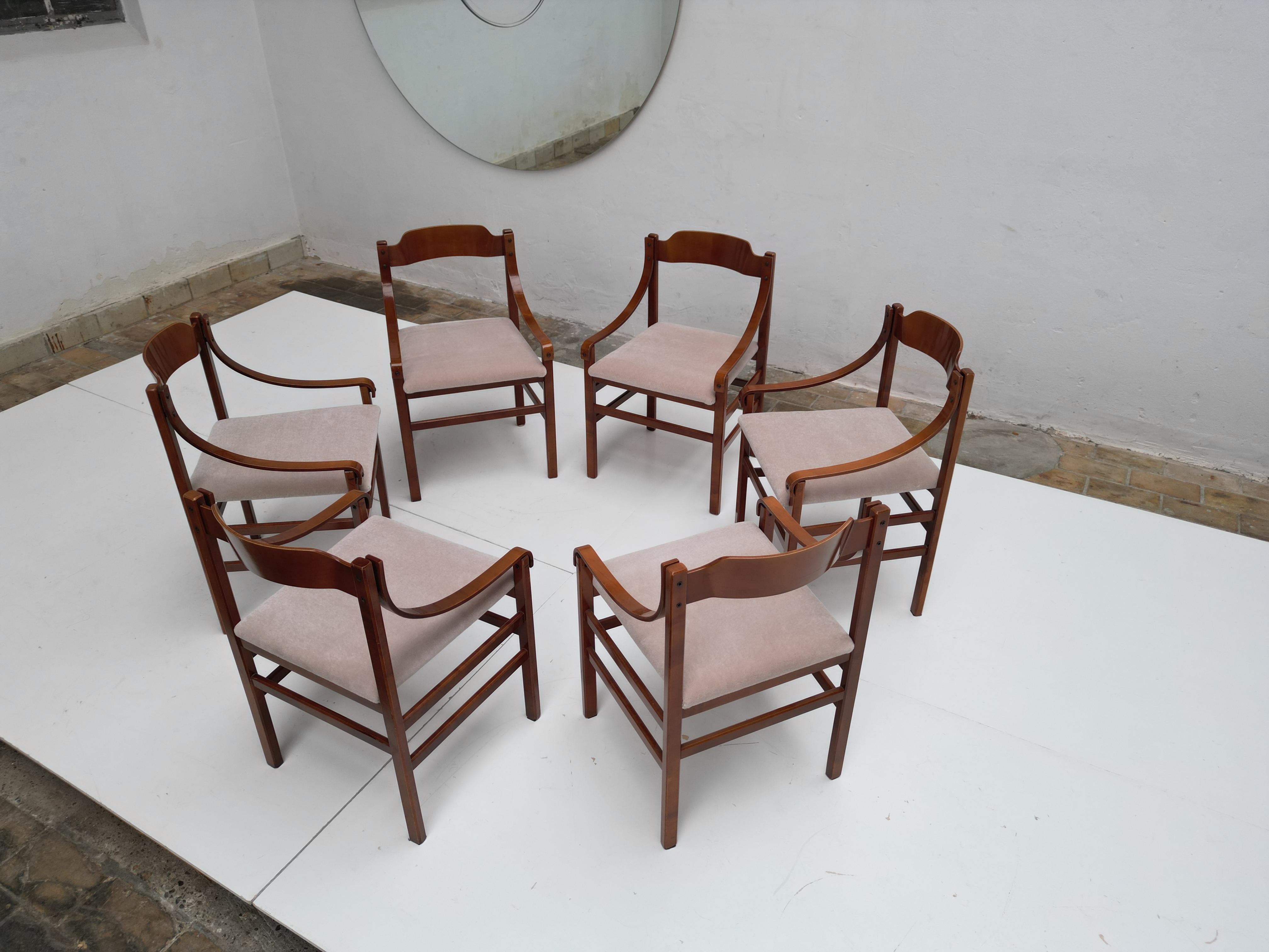 Set of 6 Italian Plywood Dining Chairs with New Mohair Wool Upholstery 1960's For Sale 11