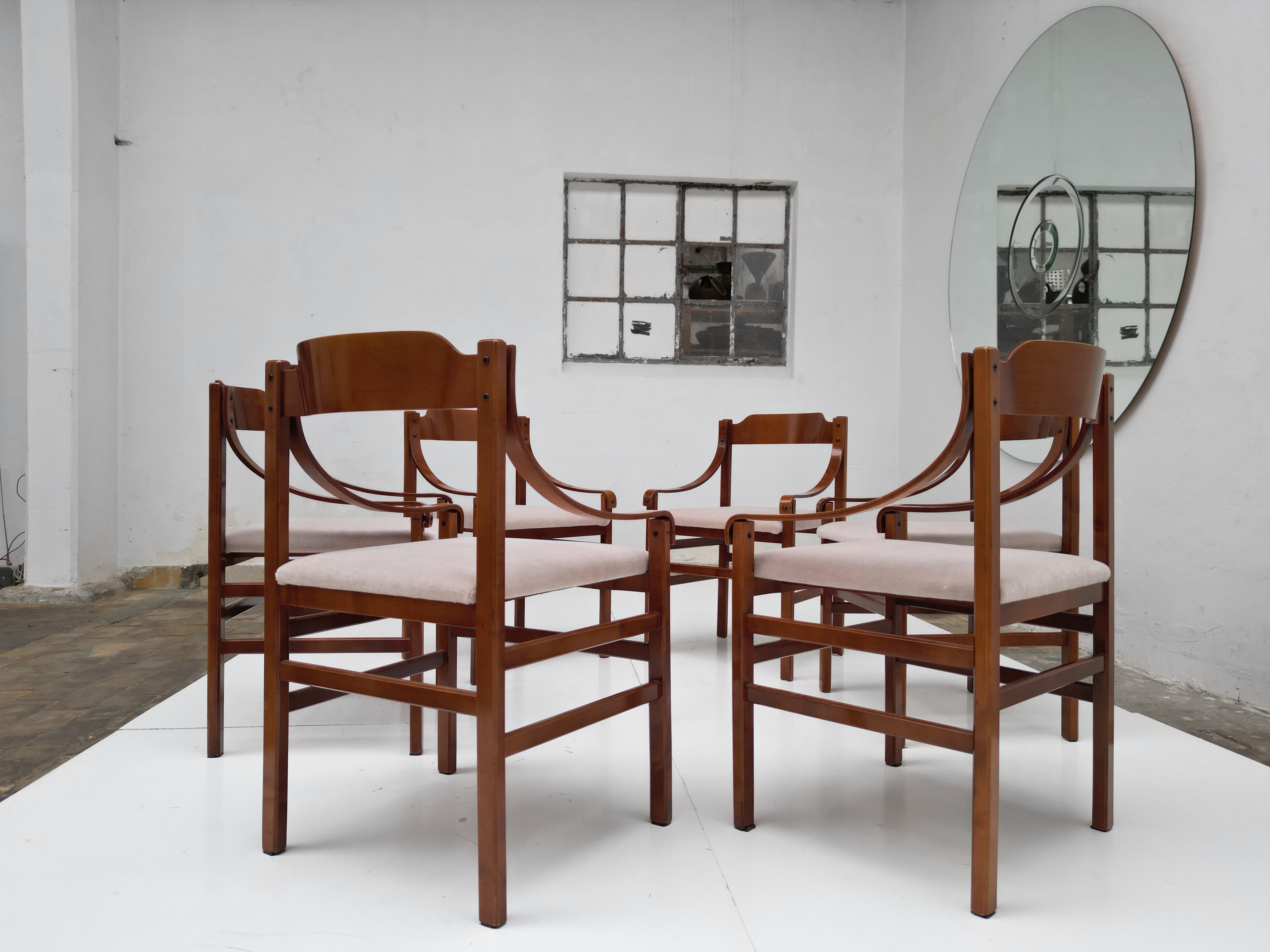 Set of 6 Italian Plywood Dining Chairs with New Mohair Wool Upholstery 1960's For Sale 13