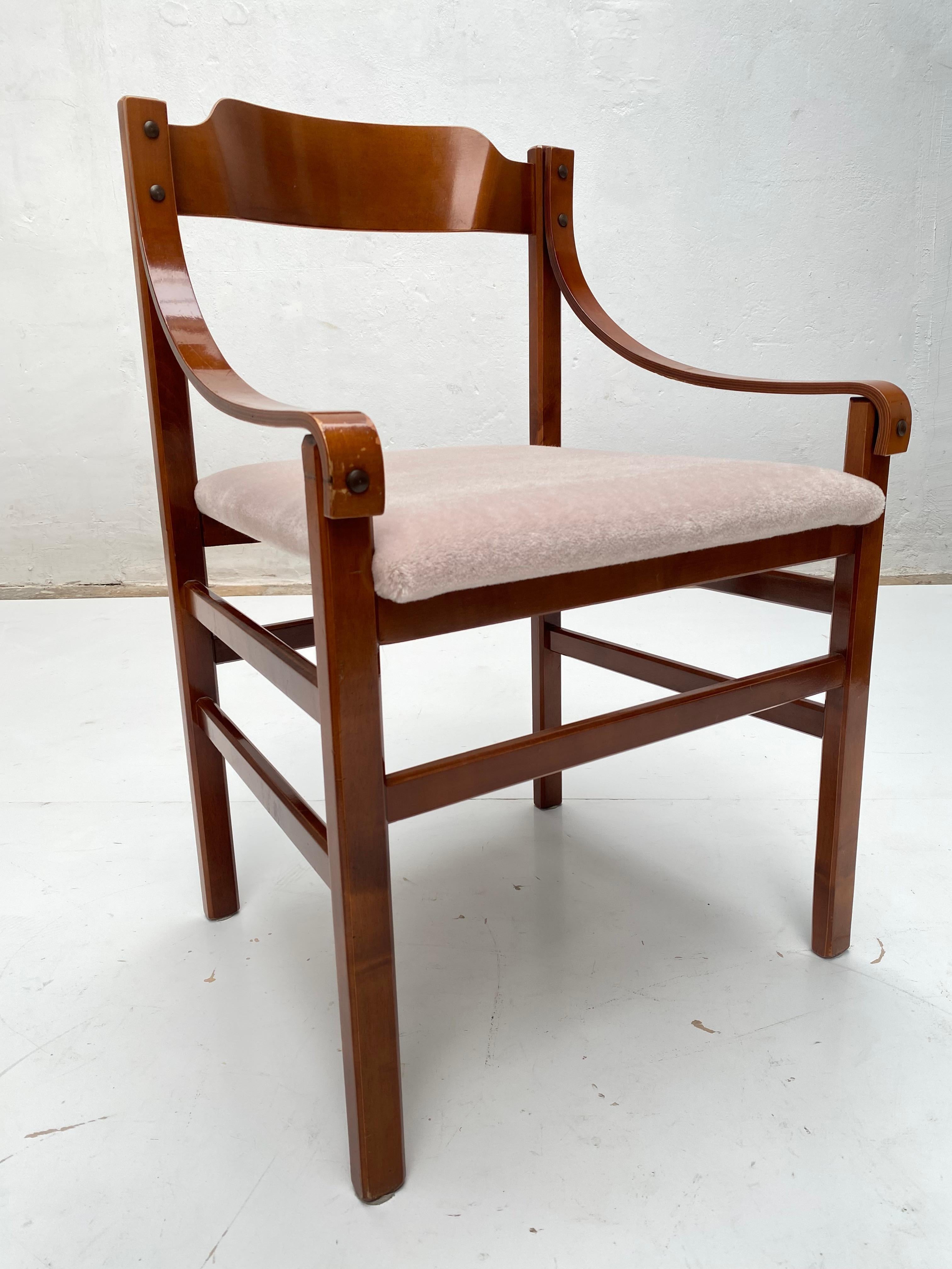 Stained Set of 6 Italian Plywood Dining Chairs with New Mohair Wool Upholstery 1960's For Sale