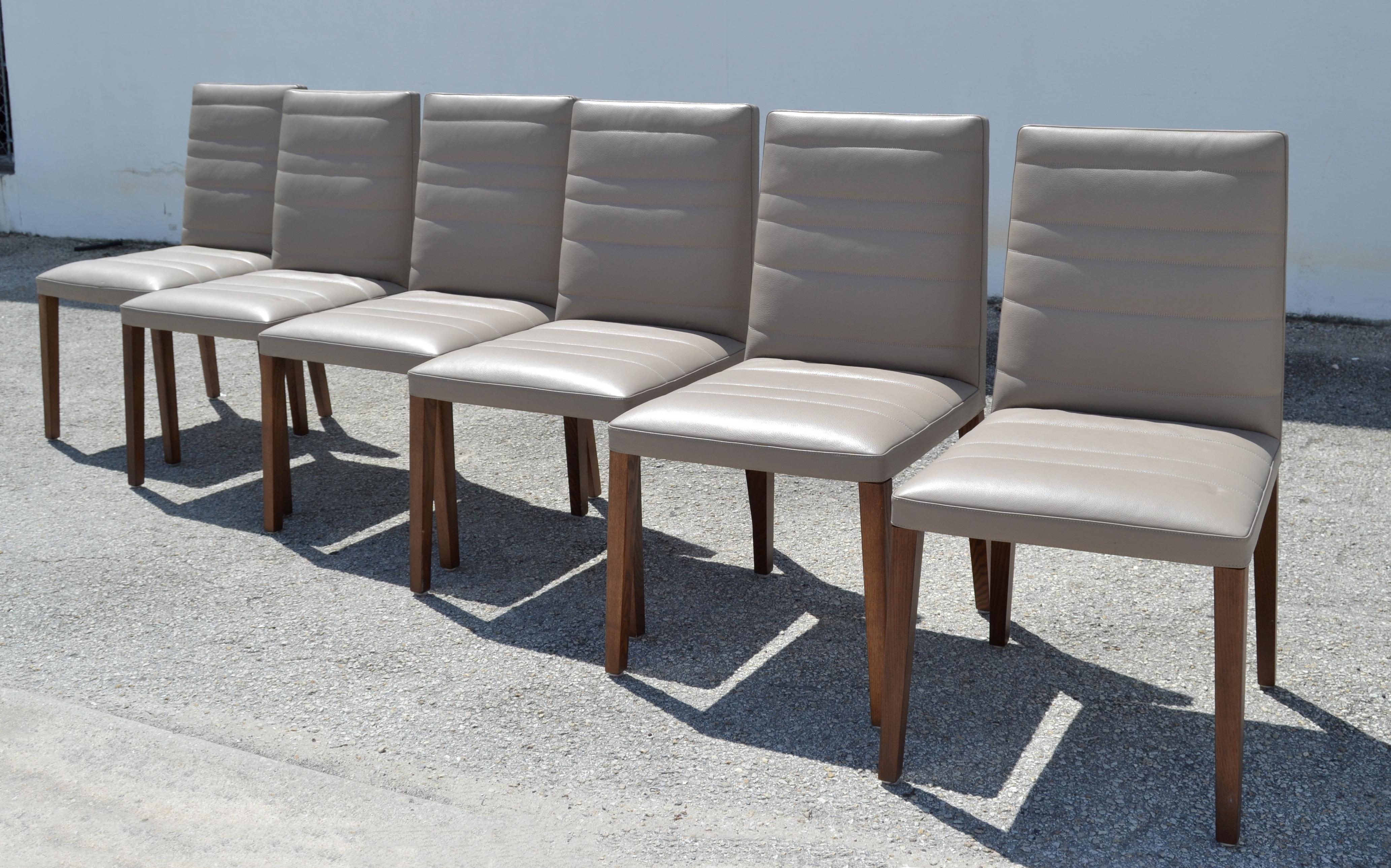Set of 6  Italian Poltrona Frau Vittoria Gray Leather Wood Dining Chairs For Sale 10