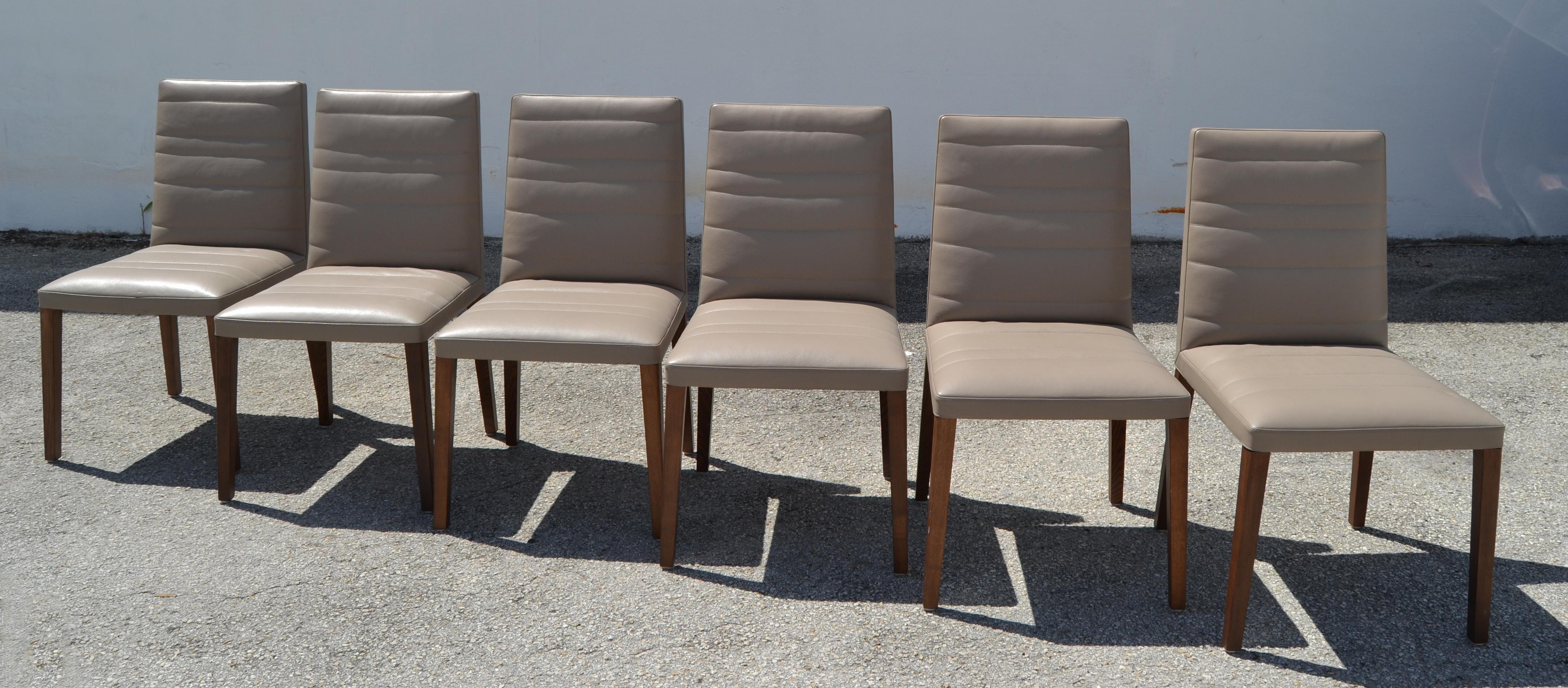 Post-Modern Set of 6  Italian Poltrona Frau Vittoria Gray Leather Wood Dining Chairs For Sale