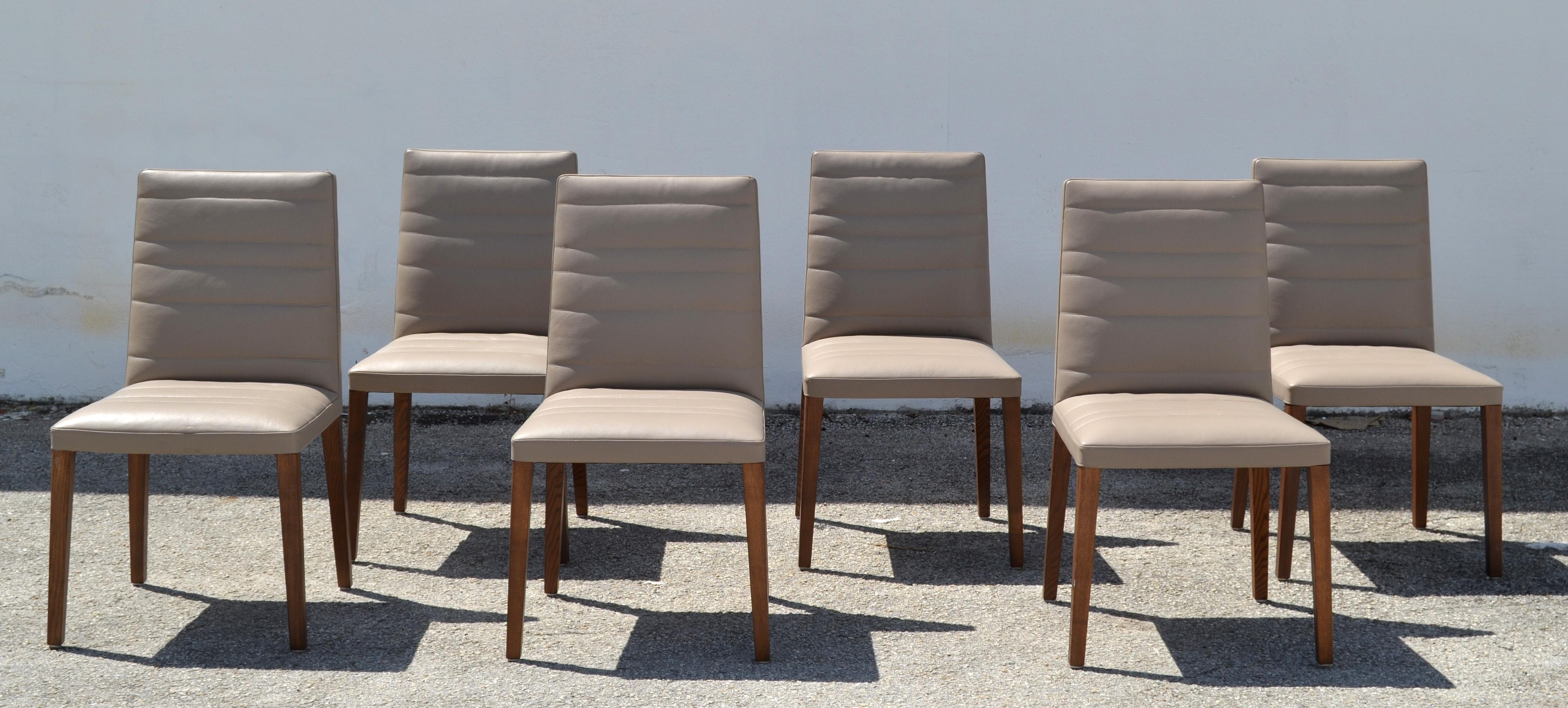 Stained Set of 6  Italian Poltrona Frau Vittoria Gray Leather Wood Dining Chairs For Sale