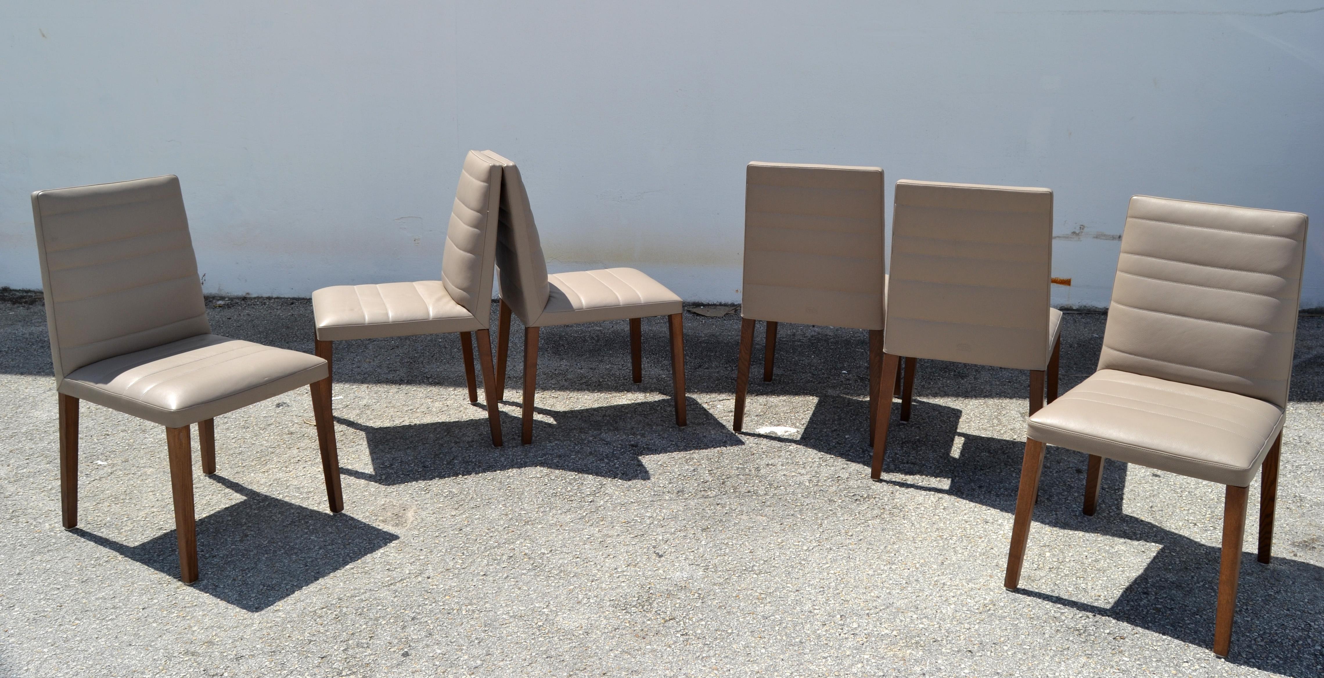 Contemporary Set of 6  Italian Poltrona Frau Vittoria Gray Leather Wood Dining Chairs For Sale
