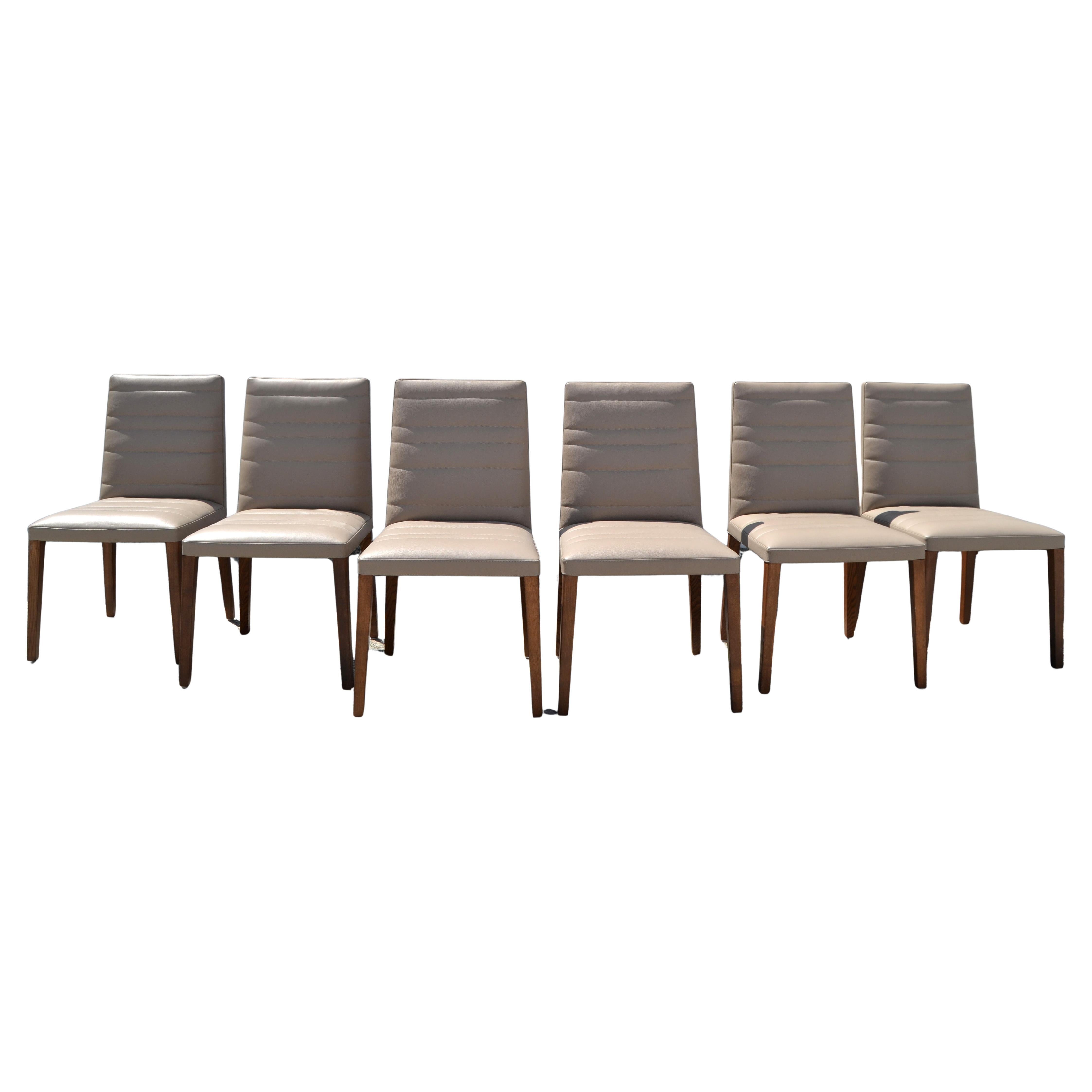 Set of 6  Italian Poltrona Frau Vittoria Gray Leather Wood Dining Chairs For Sale