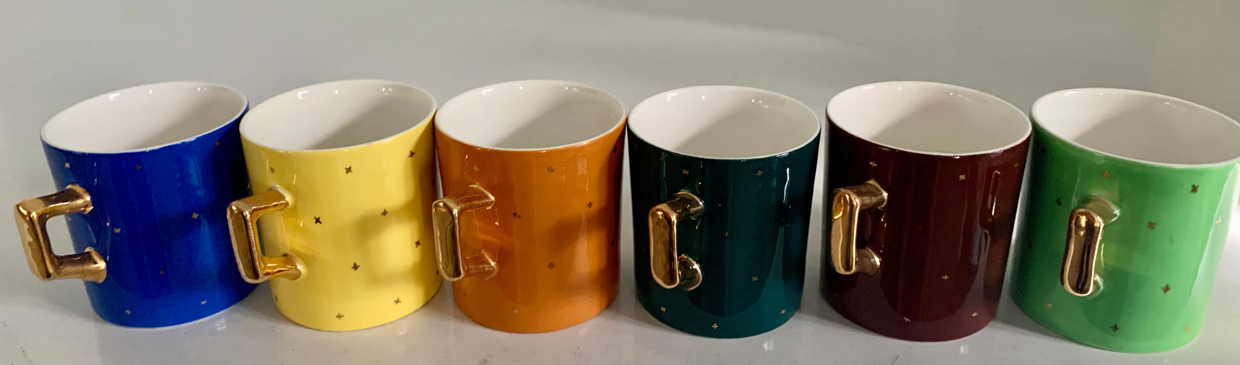Modern Set of 6 Italian Porcelain Muti Color Espresso Cups with Stars For Sale