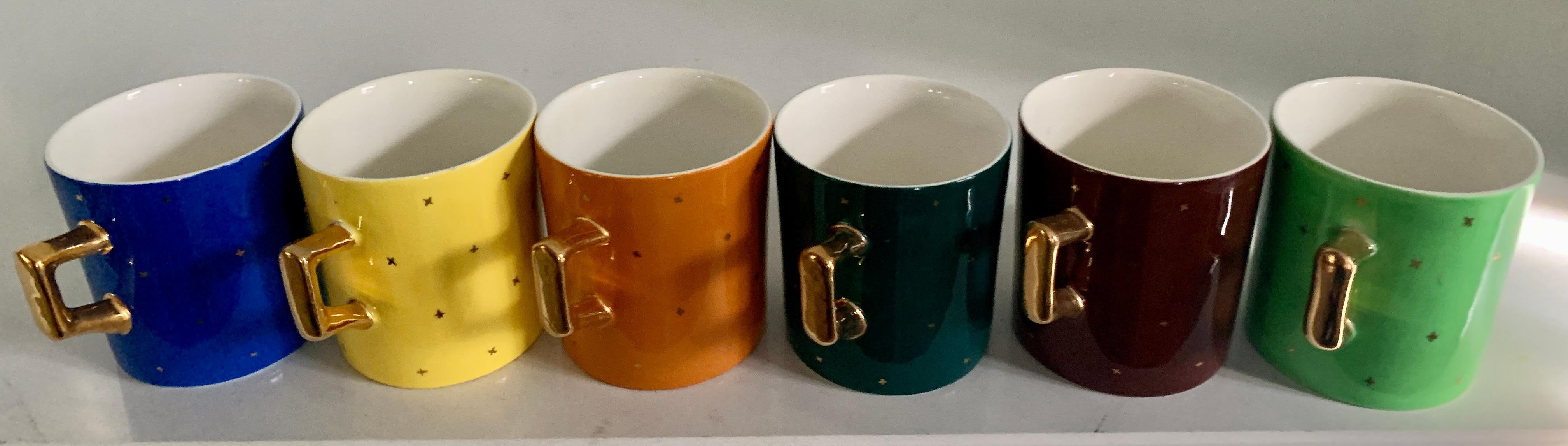 Hand-Painted Set of 6 Italian Porcelain Muti Color Espresso Cups with Stars For Sale
