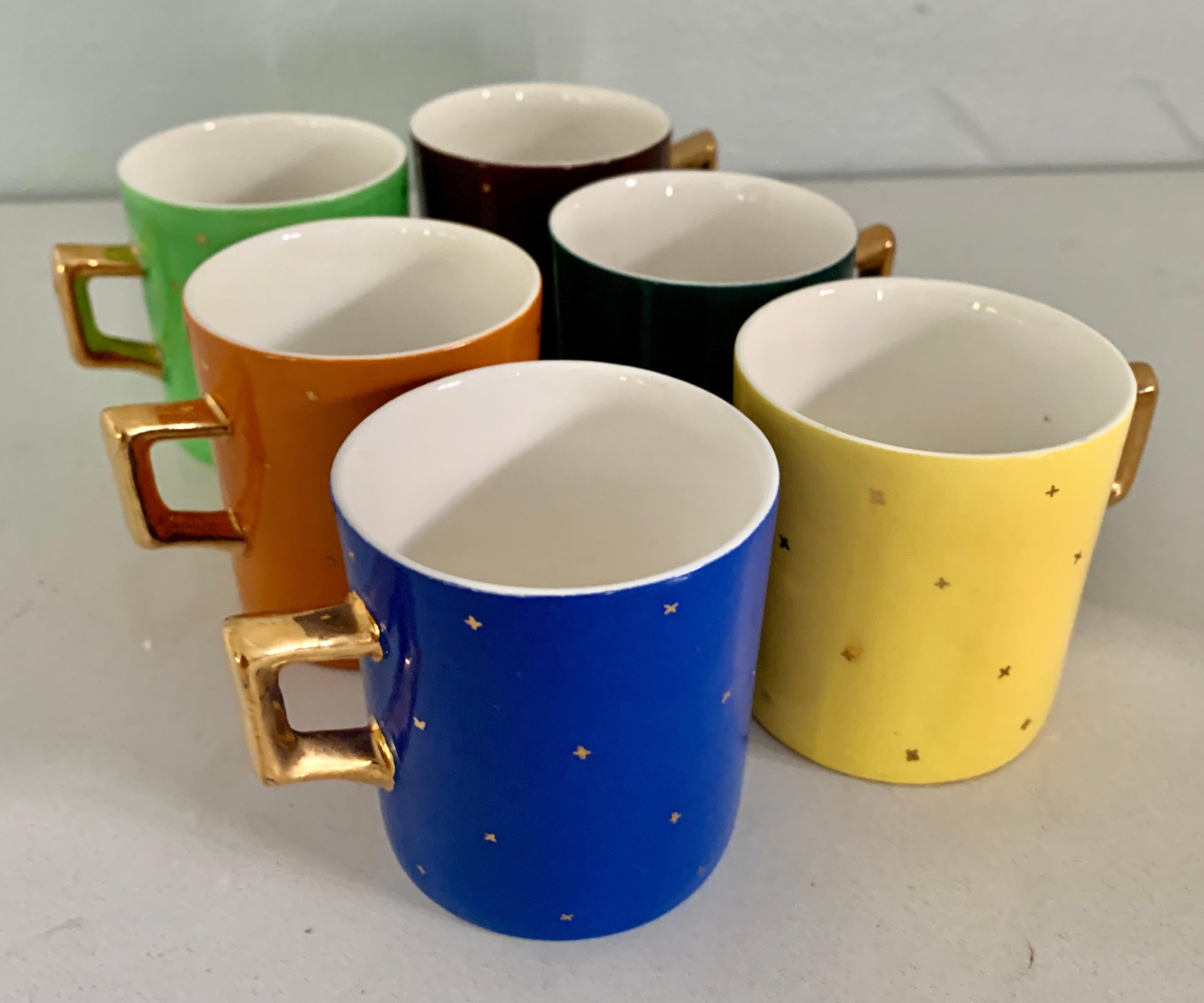 Set of 6 Italian Porcelain Muti Color Espresso Cups with Stars In Good Condition For Sale In Los Angeles, CA