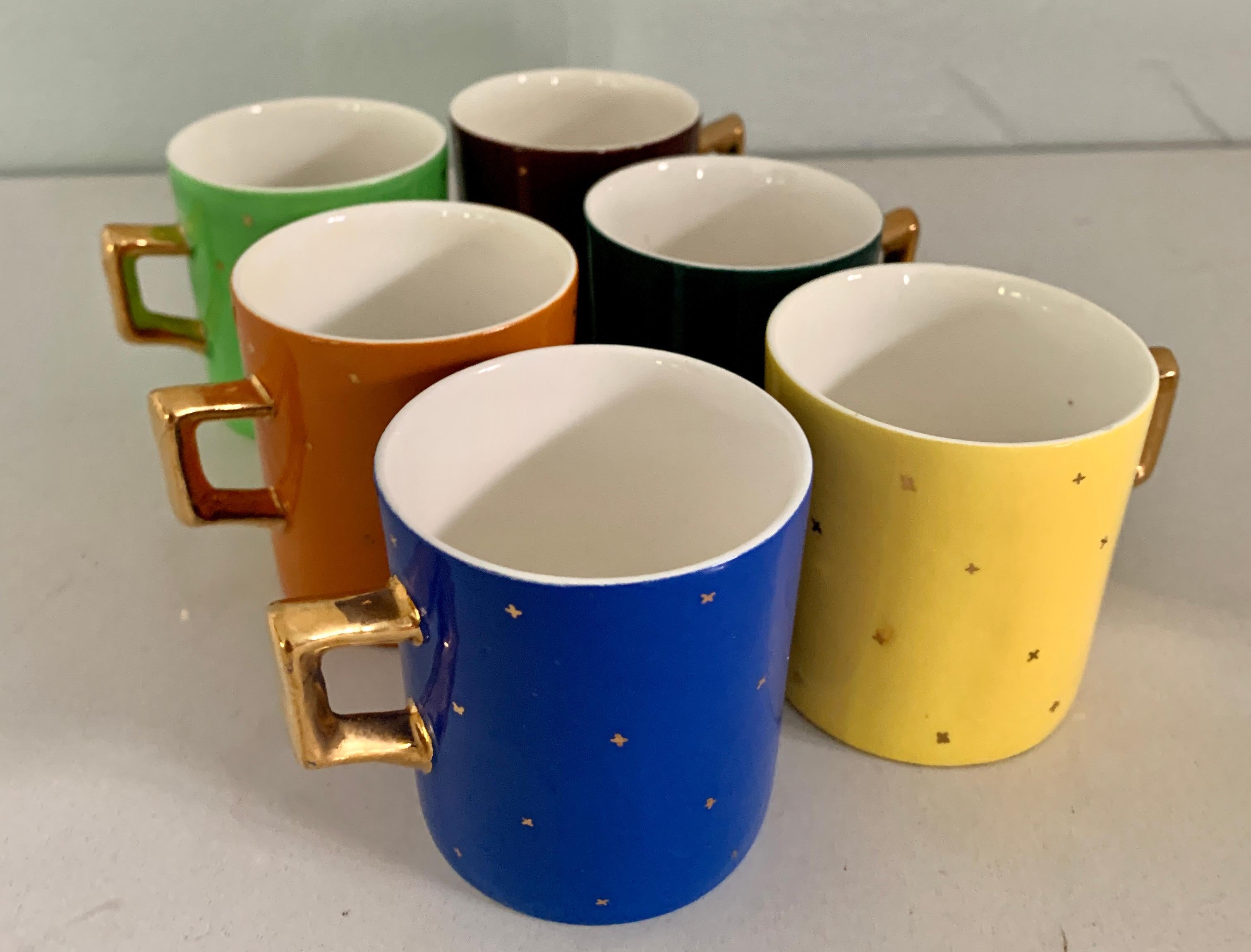 20th Century Set of 6 Italian Porcelain Muti Color Espresso Cups with Stars For Sale