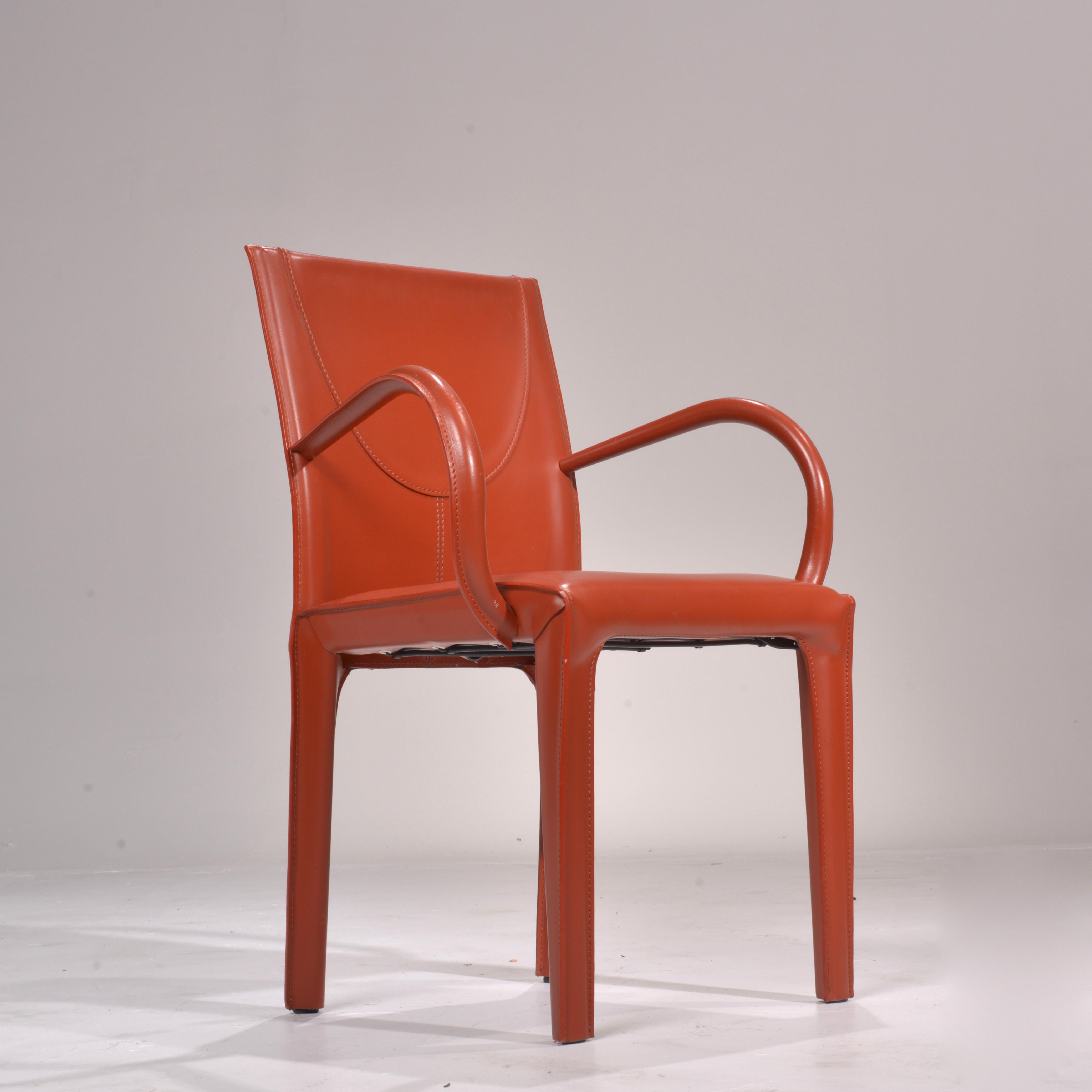 Post-Modern Set of 6 Italian Post Modern Leather Dining Armchairs by Arper, c1985 For Sale