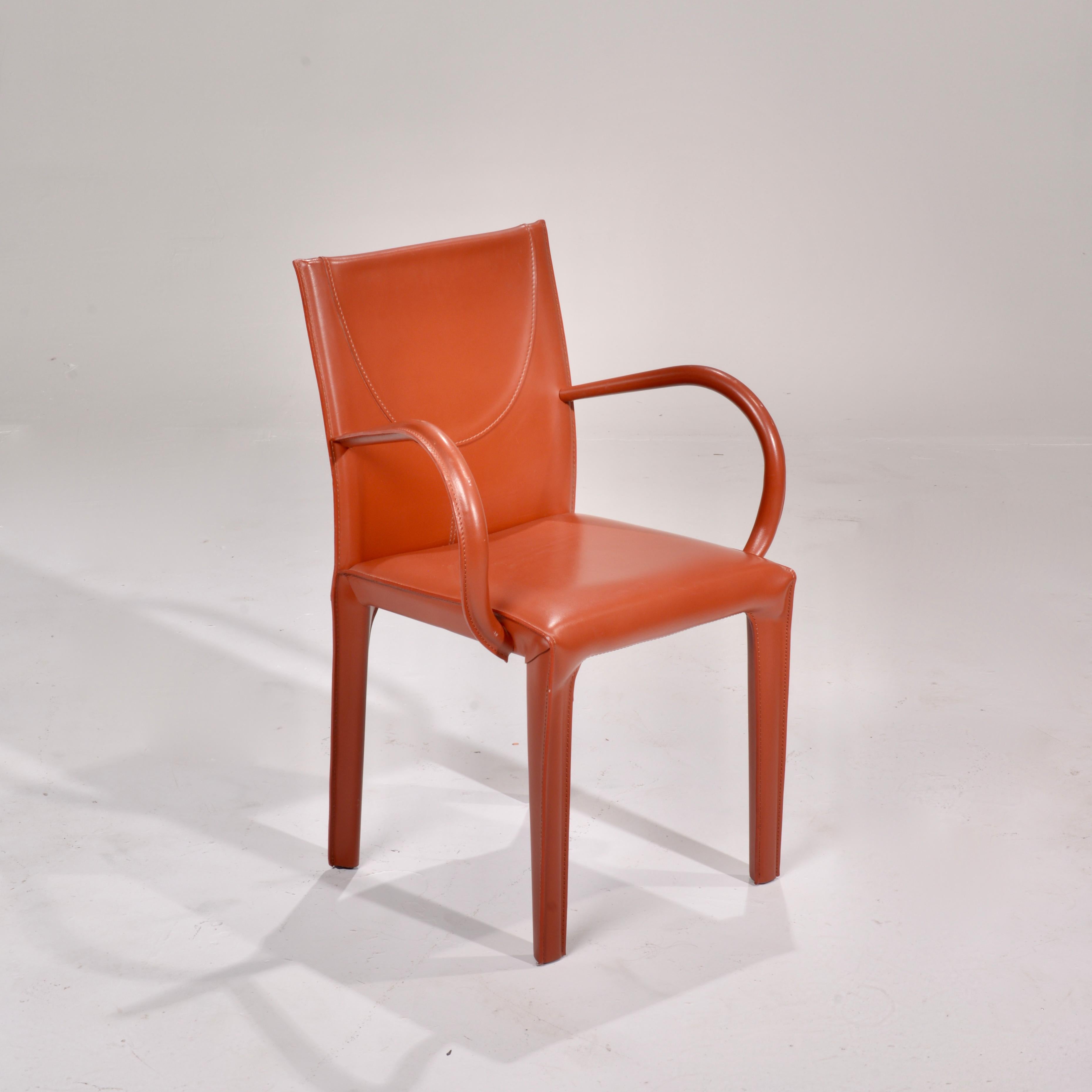 Late 20th Century Set of 6 Italian Post Modern Leather Dining Armchairs by Arper, c1985 For Sale
