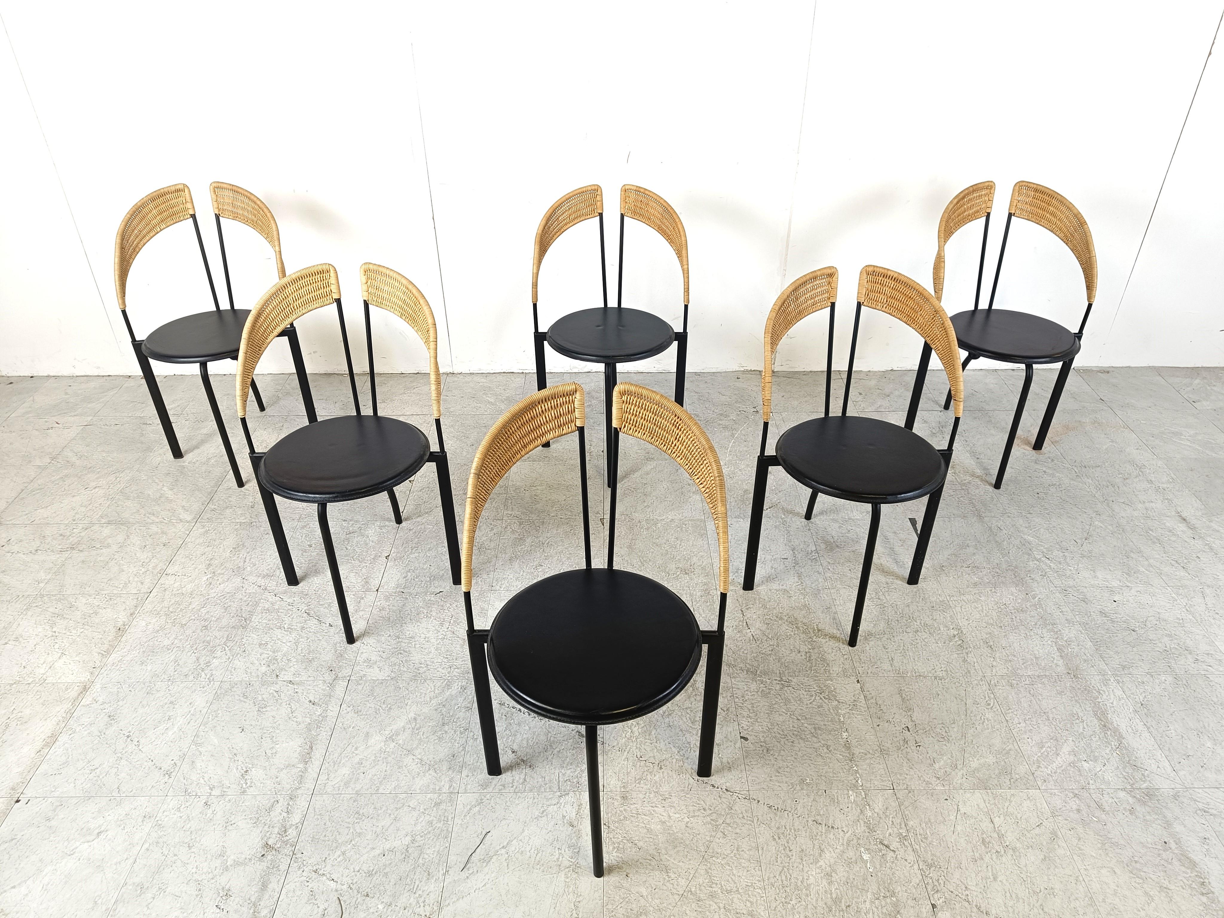 Set of 6 italian postmodern wicker and metal dining chairs, 1980s For Sale 3